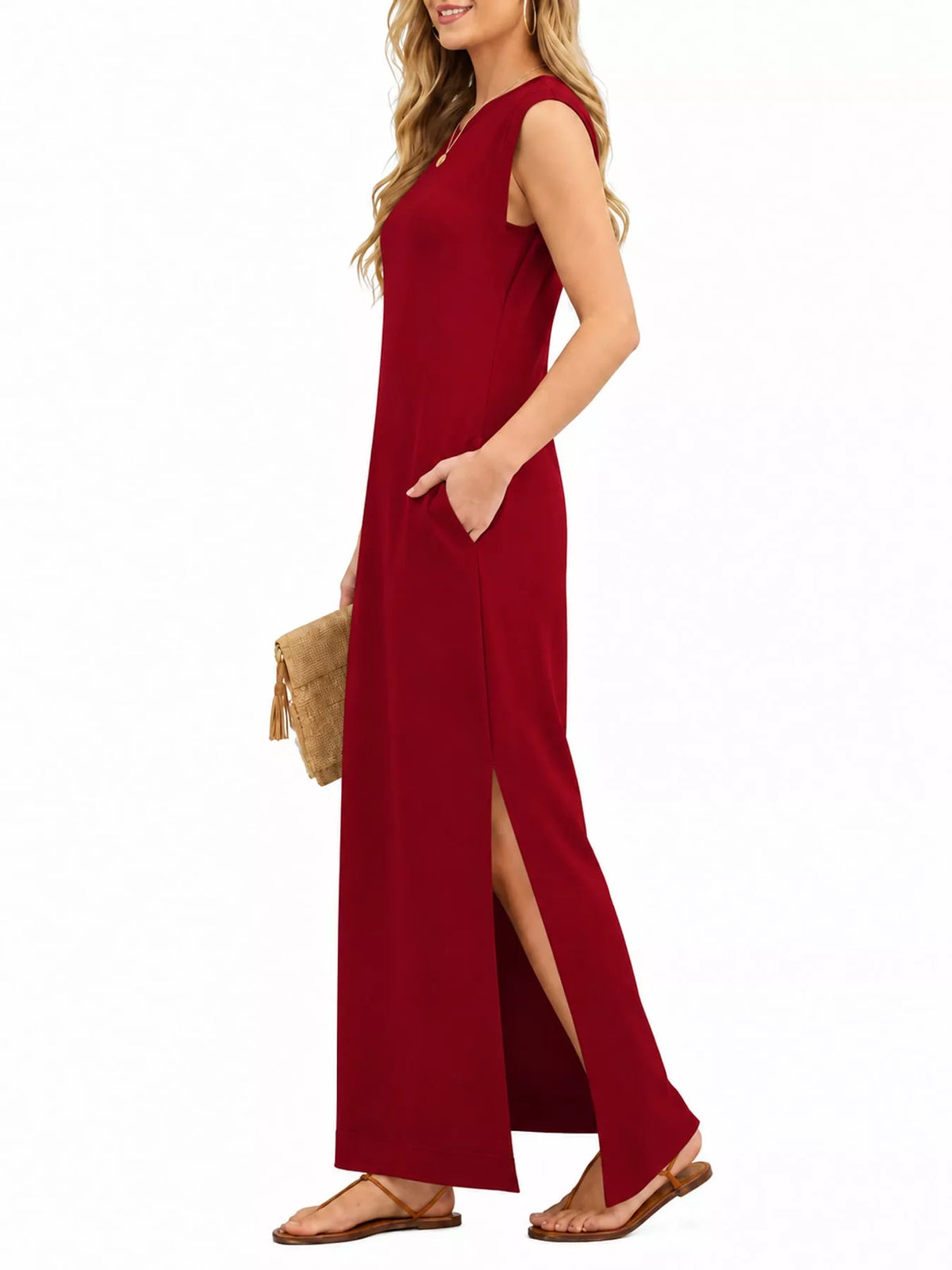 Round neck sleeveless maxi dress, side view