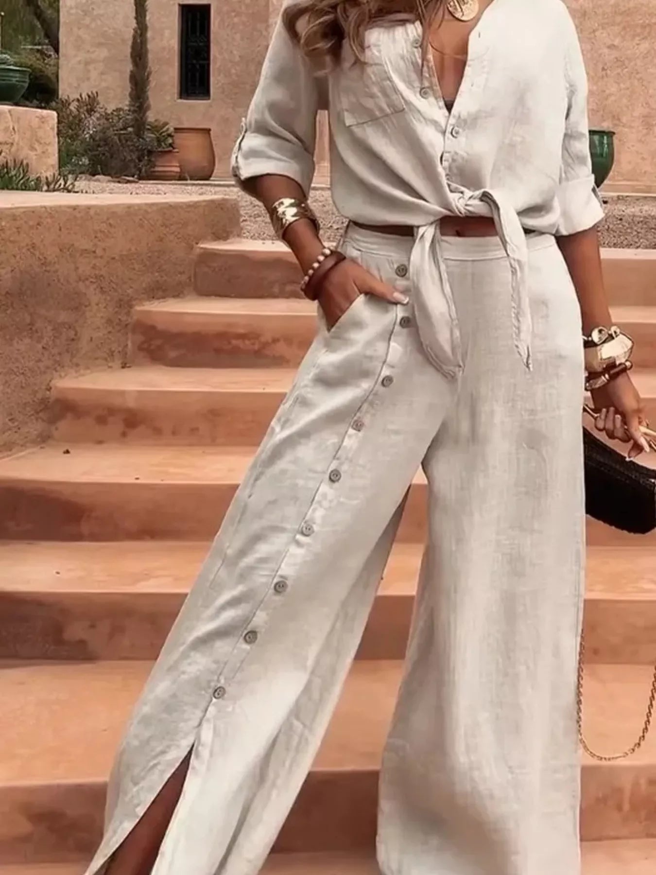 Trendsi Full Size Tie-Front Shirt and Button-Down Wide-Leg Pants Set Plus Size -