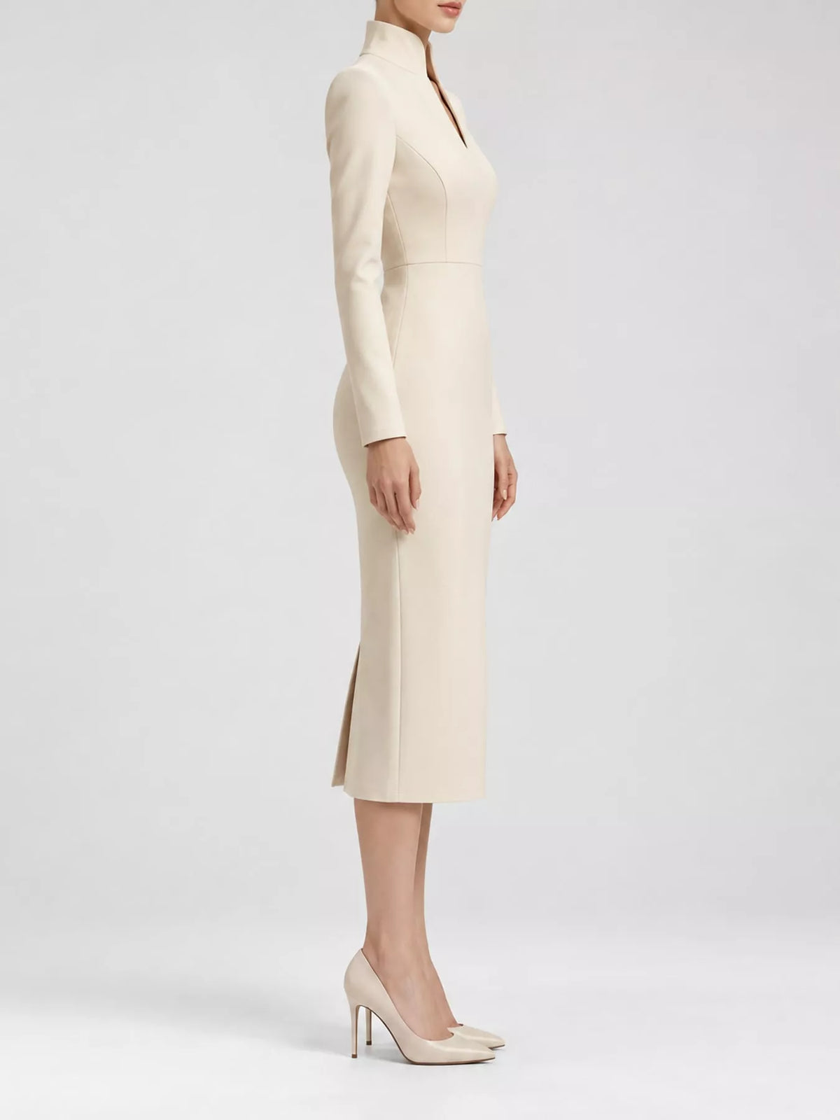 Women's Stand-Collar Long-Sleeve Midi Dress in cream — side view