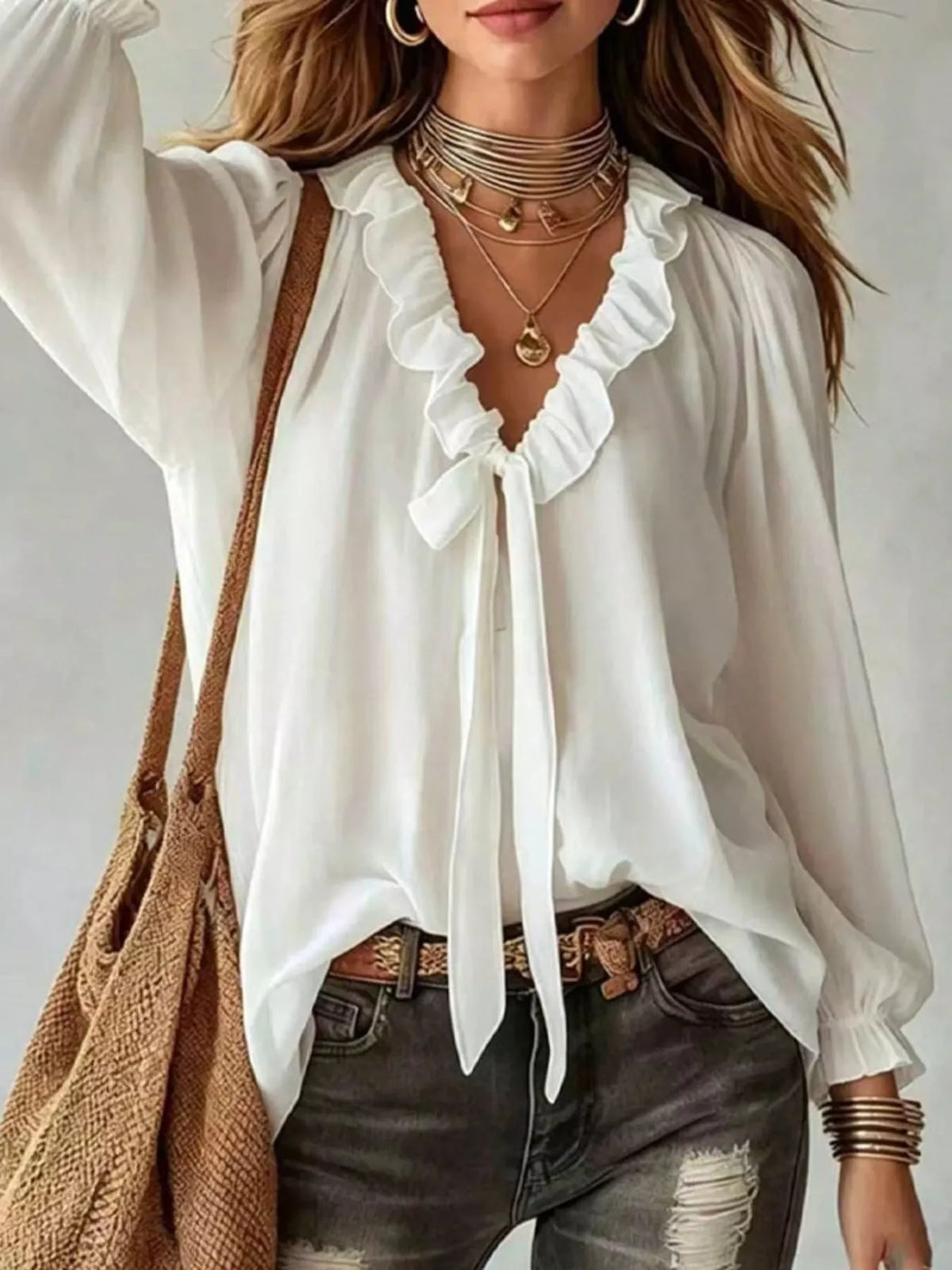 White ruffled v-neck blouse with tie-front detail
