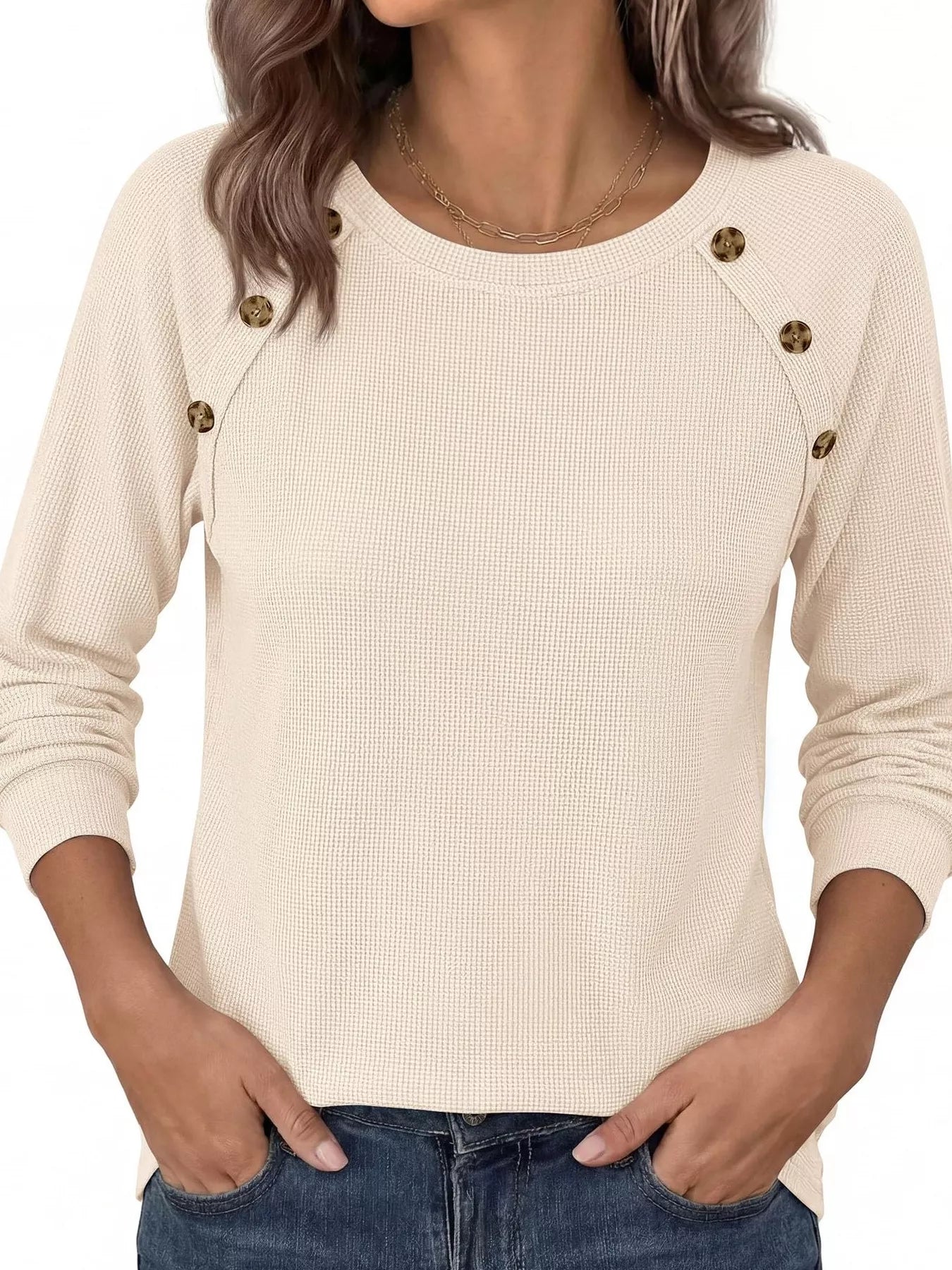 Trendsi Decorative Button Waffle Knit Long Sleeve T-Shirt -