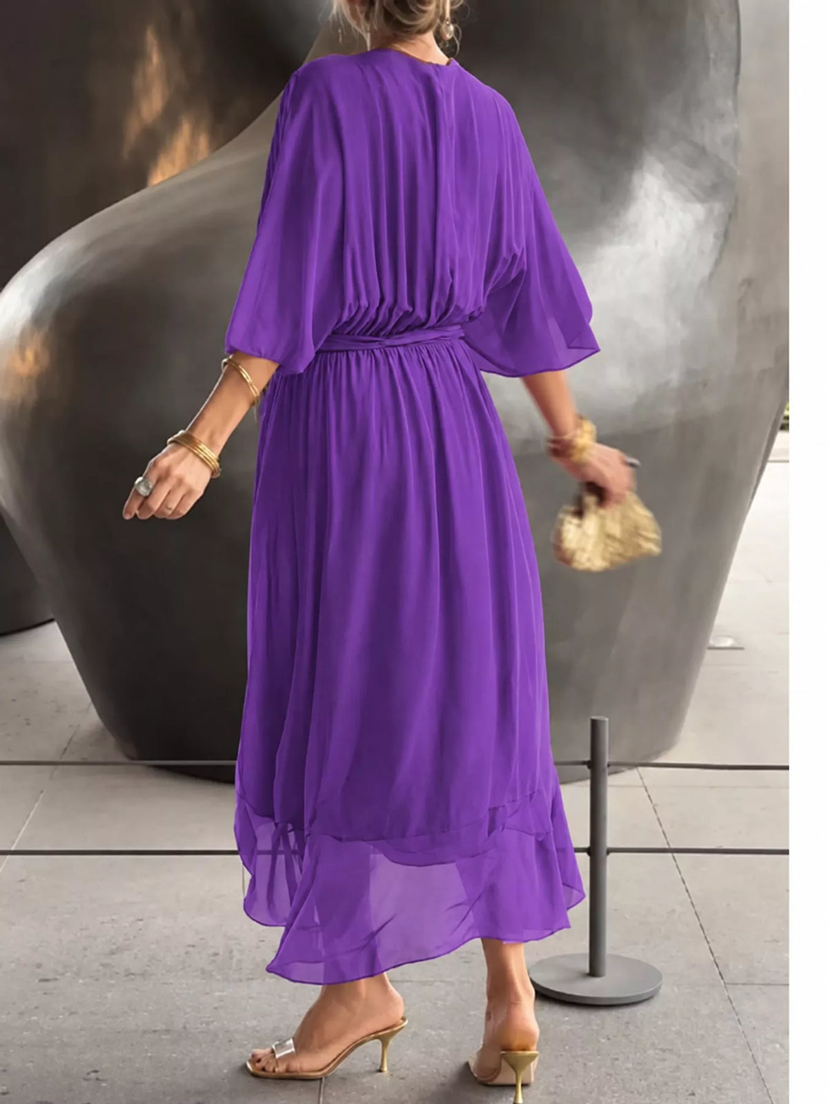 Purple batwing sleeve wrap dress with waist tie, back view
