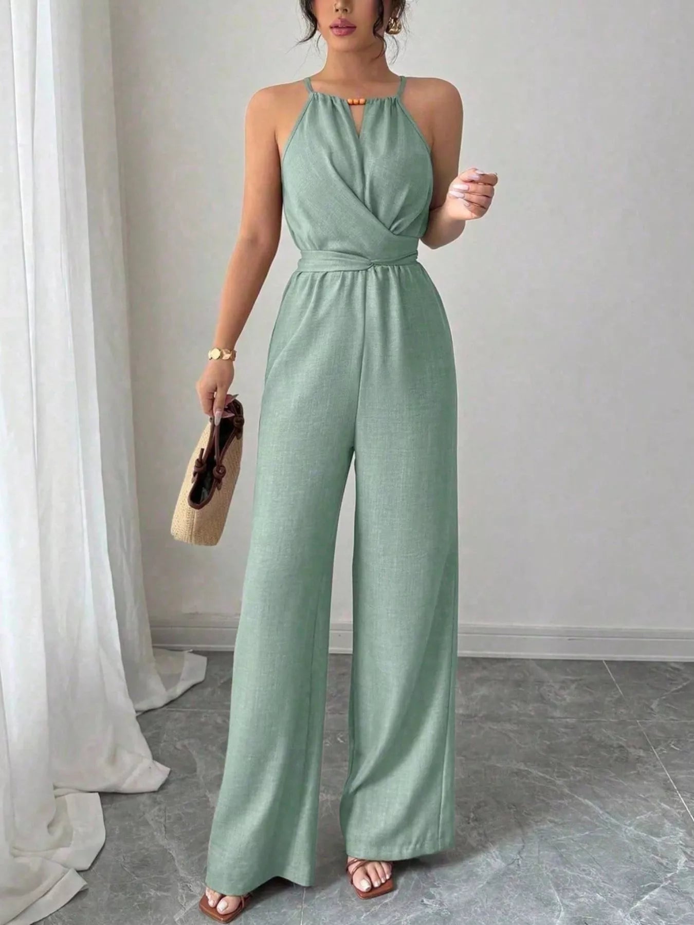 Trendsi Sleeveless Tie Waist Wide-Leg Jumpsuit -