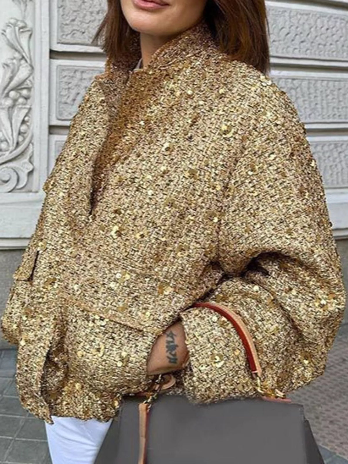 Gold tweed textured long sleeve jacket — front view