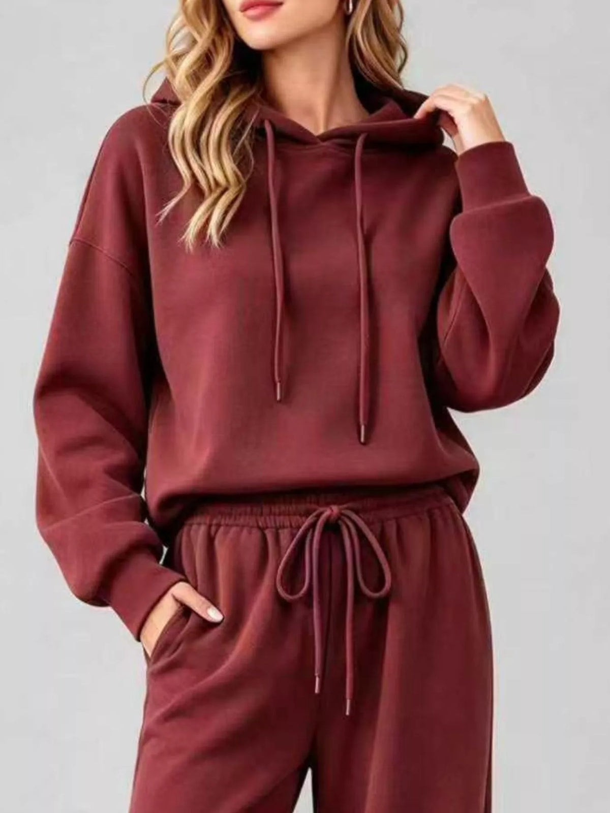 Burgundy dropped shoulder hoodie and wide-leg pants set
