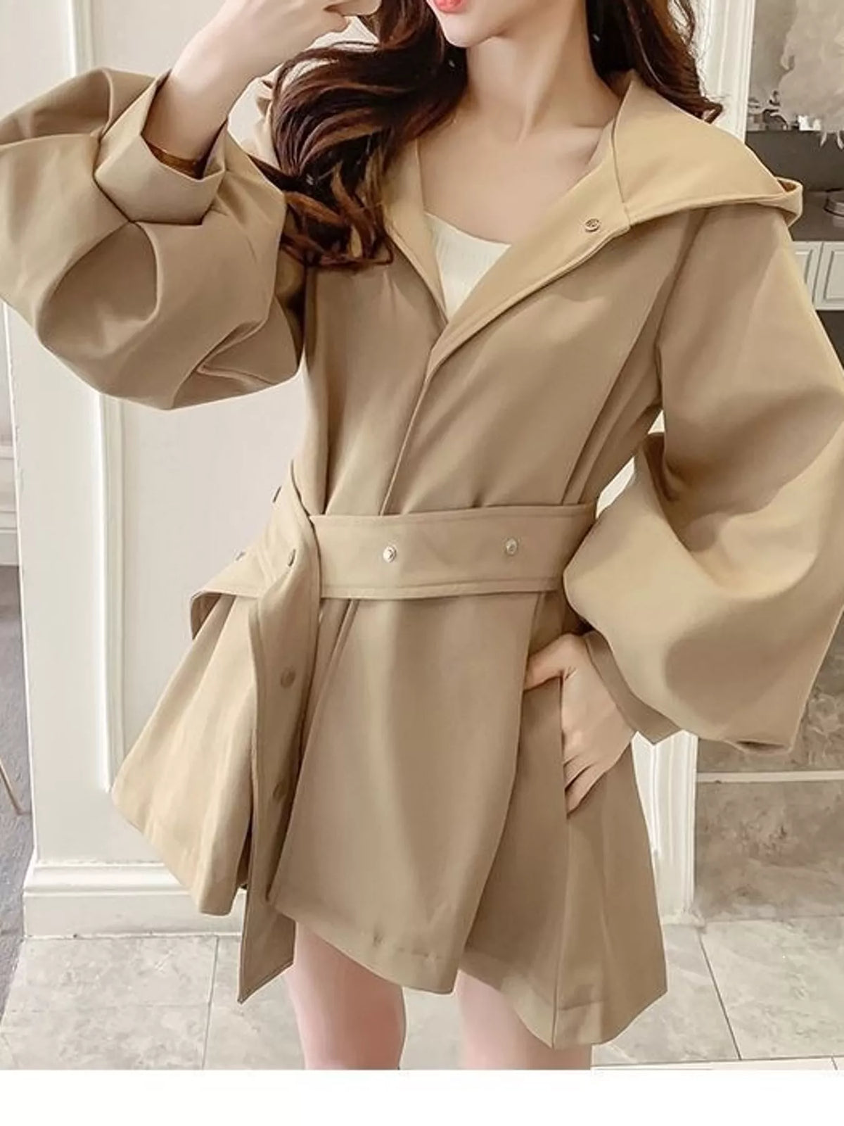Khaki lantern sleeve hooded belted jacket