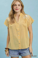 Trendsi Umgee Embroidered Print Scallop Sleeve Button Front Blouse - Clothing Tops