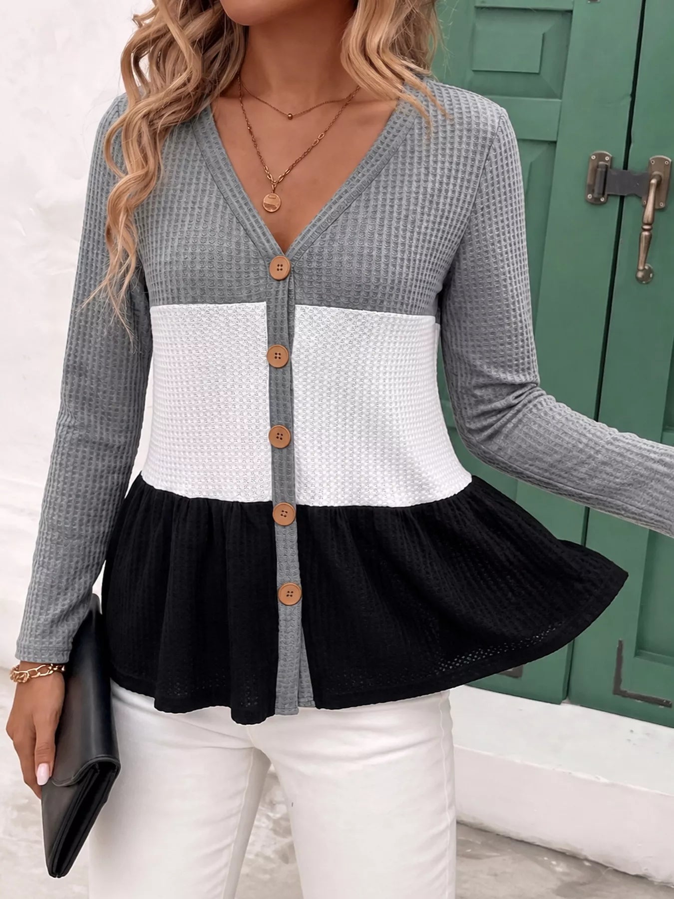 Trendsi Color Block Waffle Knit Button-Down Cardigan -