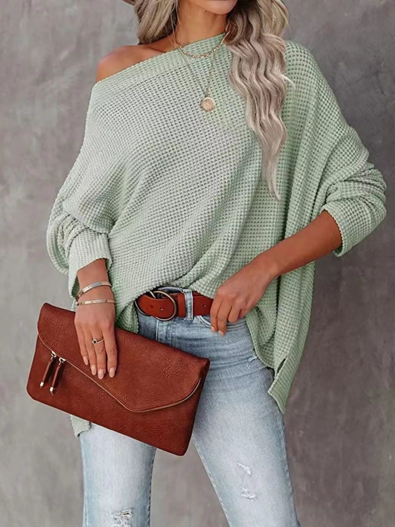 Trendsi Boat Neck Waffle Knit Top -