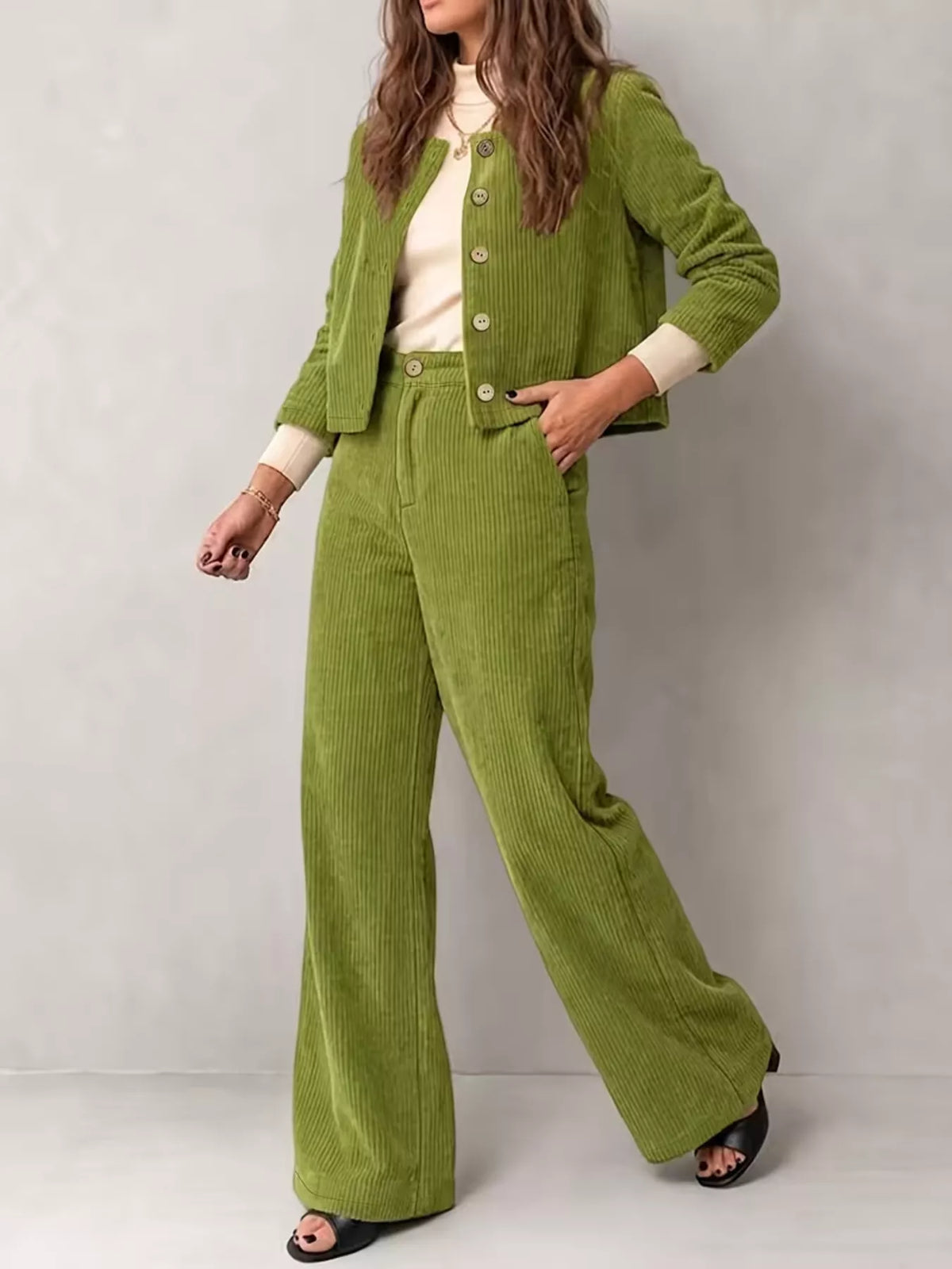 Women's Corduroy Button-Down Jacket and Wide-Leg Pants Two-Piece Set in green — front view