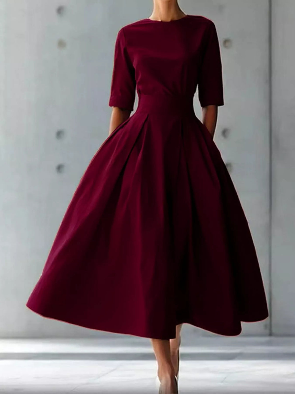 Round neck short sleeve midi dress, front view on model