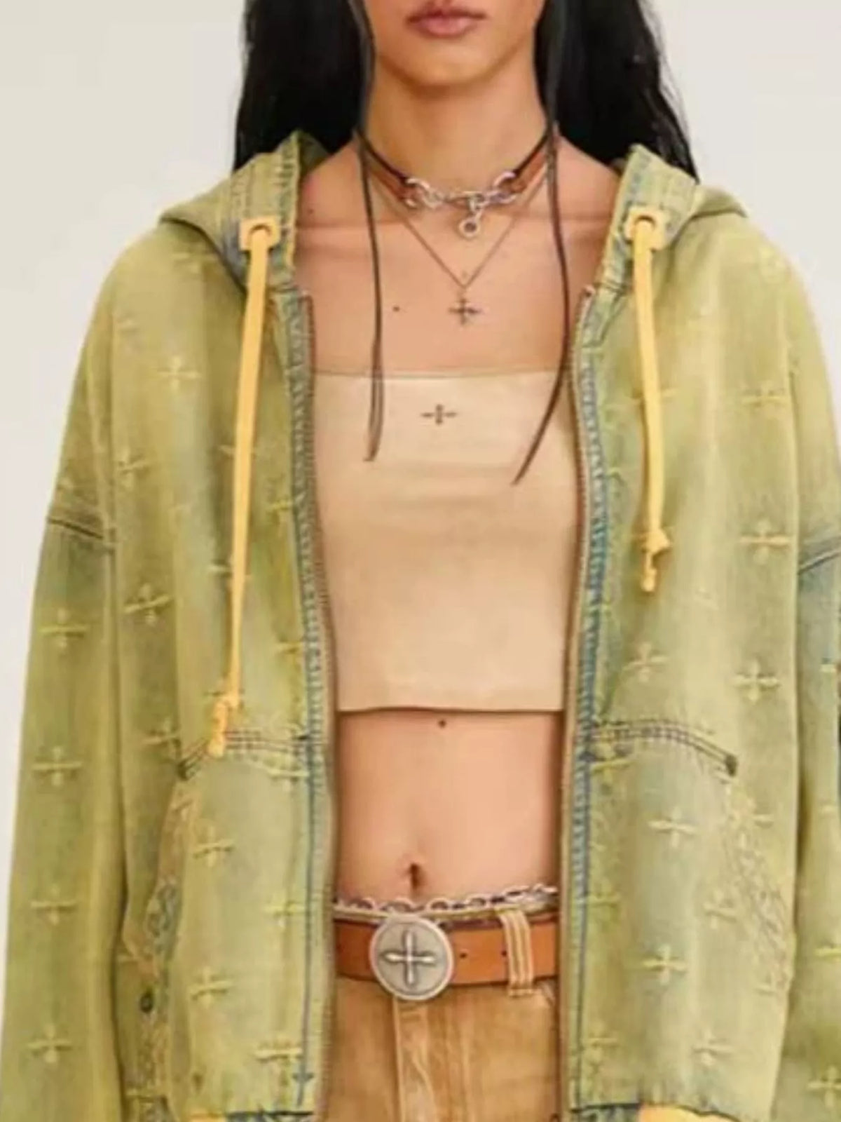 Embroidered Hooded Zip-Up Denim Jacket — front view