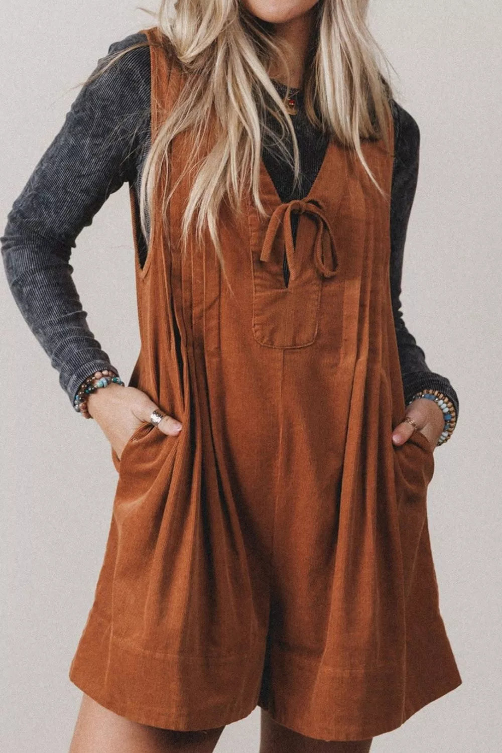 Rust brown corduroy romper, front view