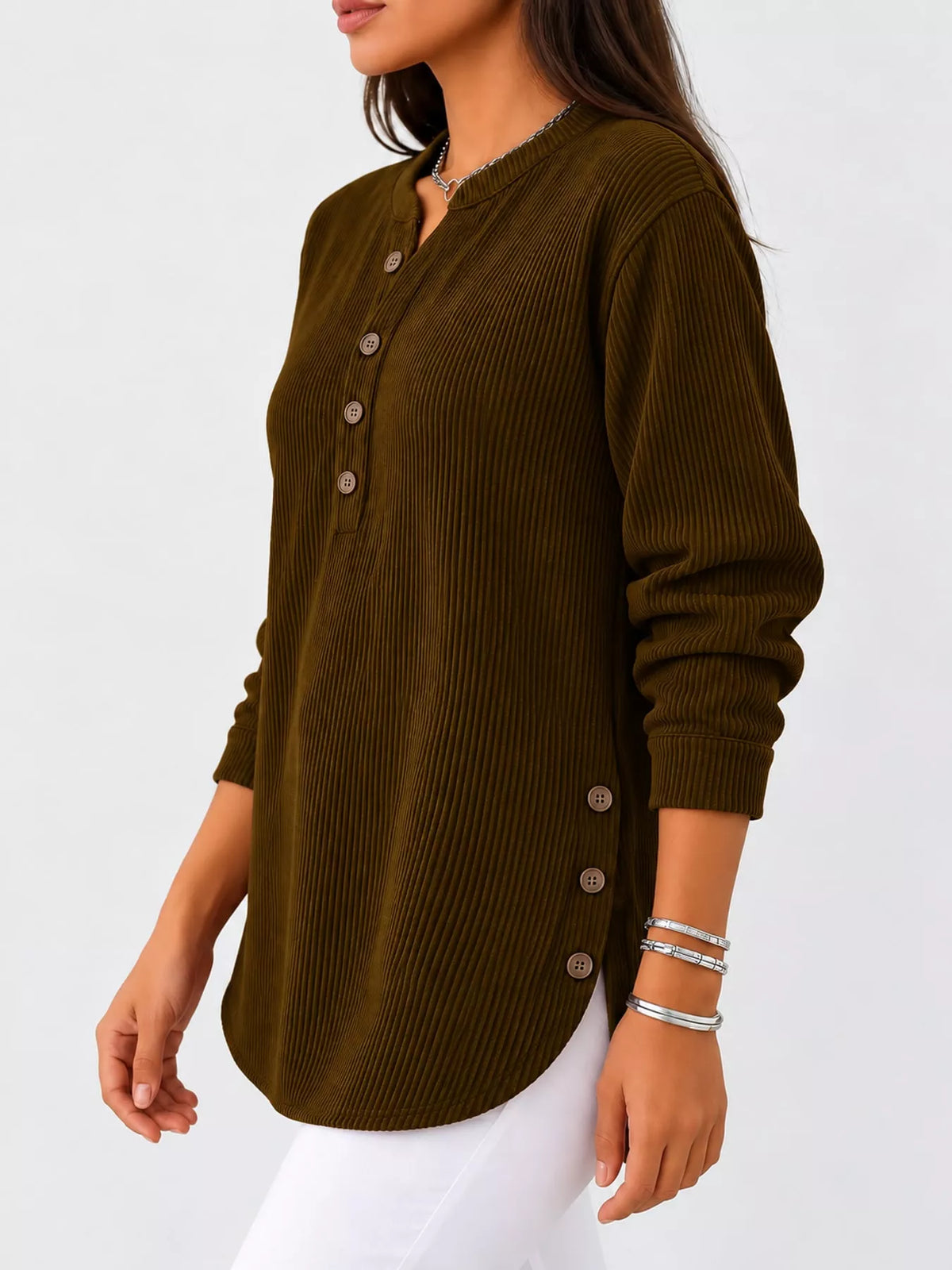 Brown button detail long sleeve top, side view