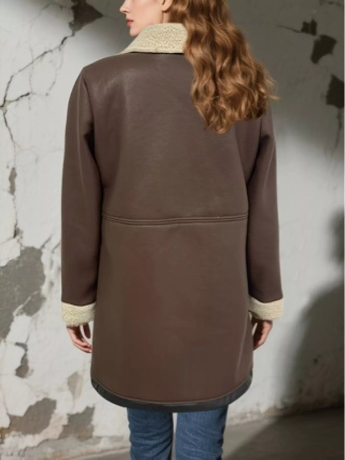 Brown sherpa-trim zip-up faux leather jacket, back view