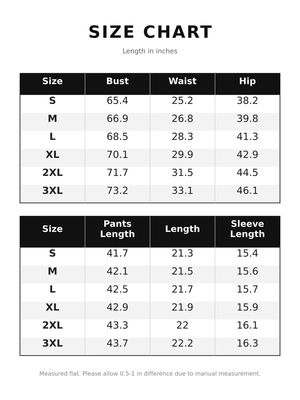 Size chart for zip-up jacket and wide-leg pants set