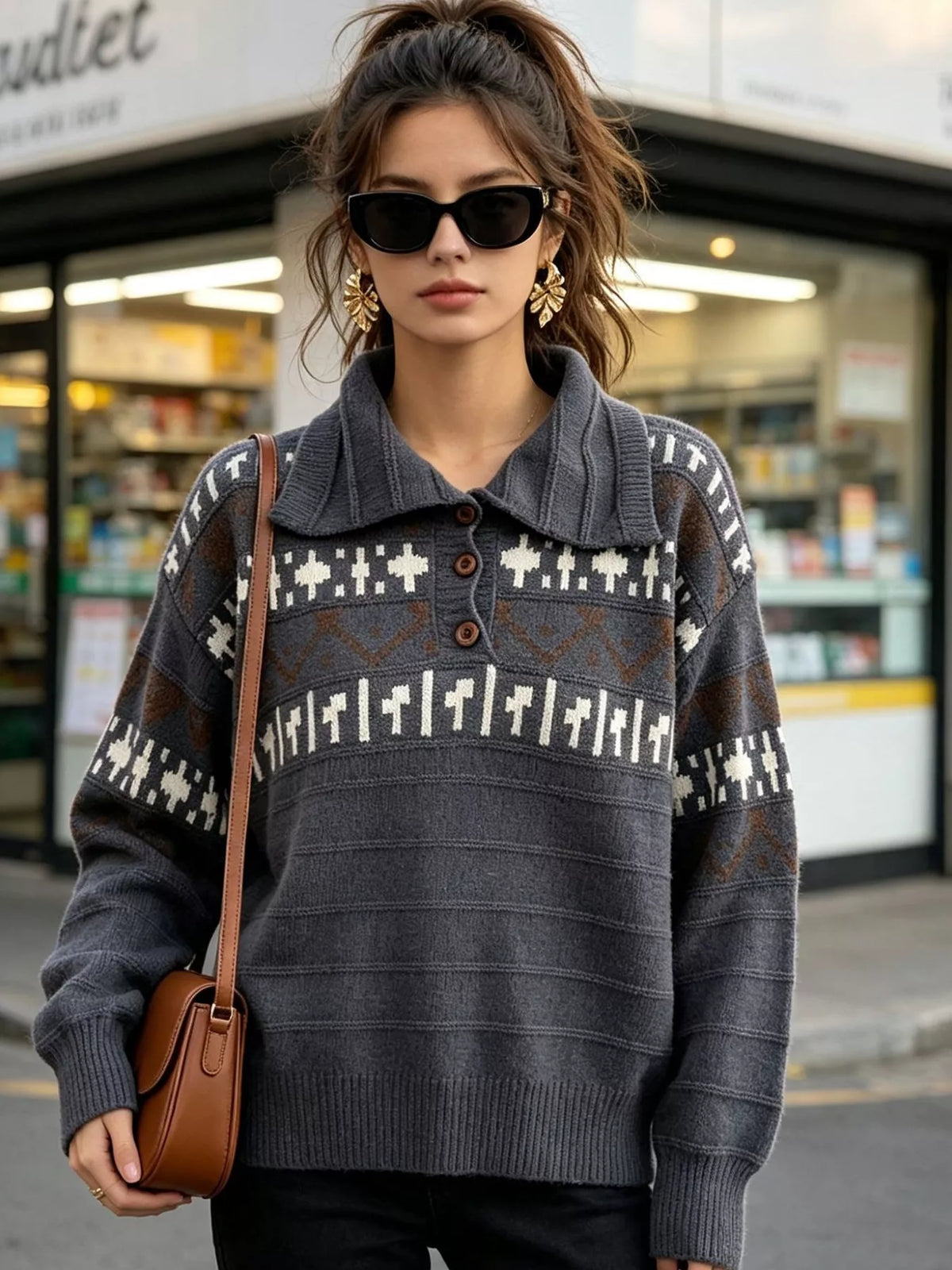 Charcoal fair isle polo-collar sweater, front view.