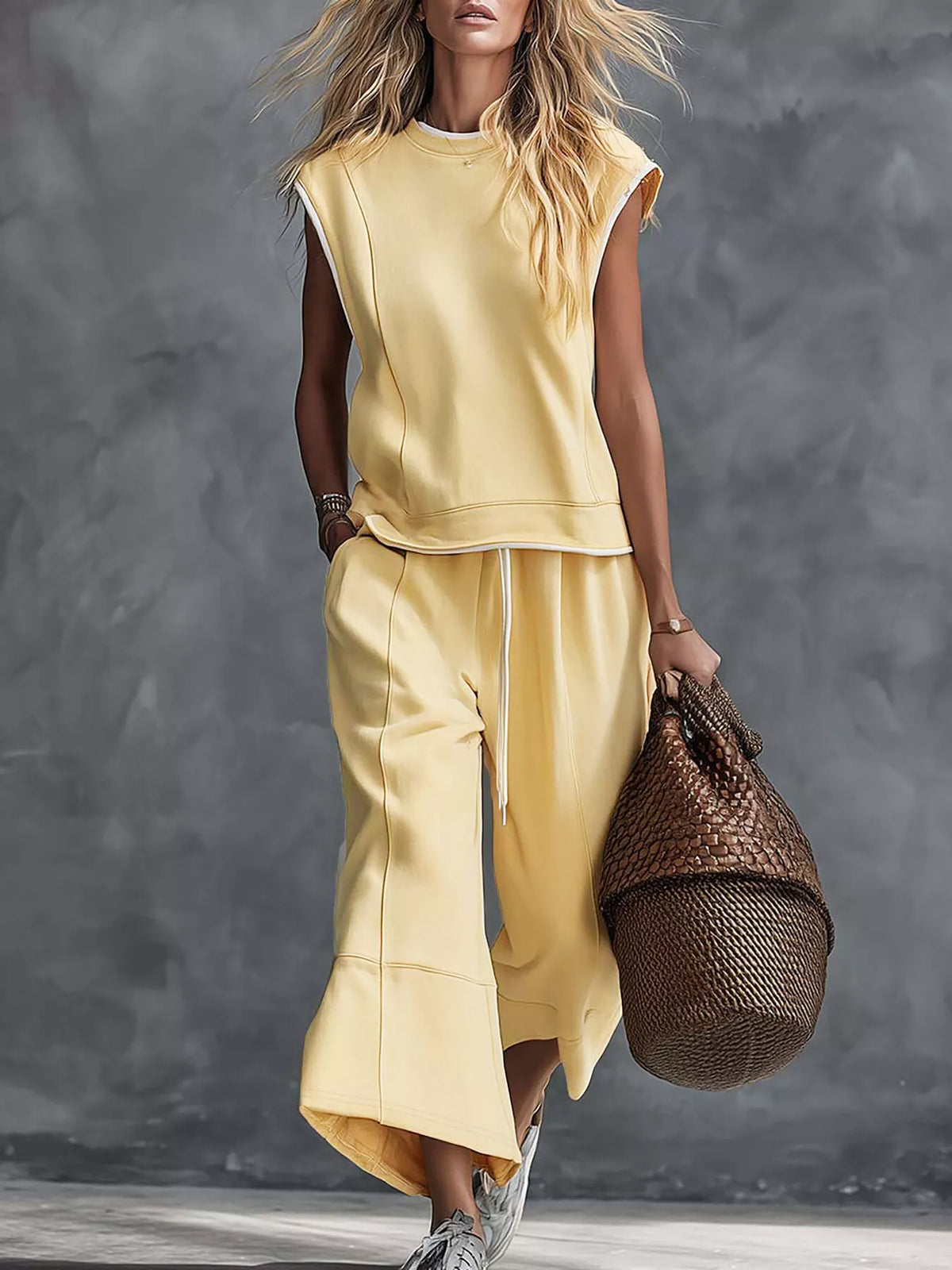 Yellow sleeveless top and cropped pants set, front view