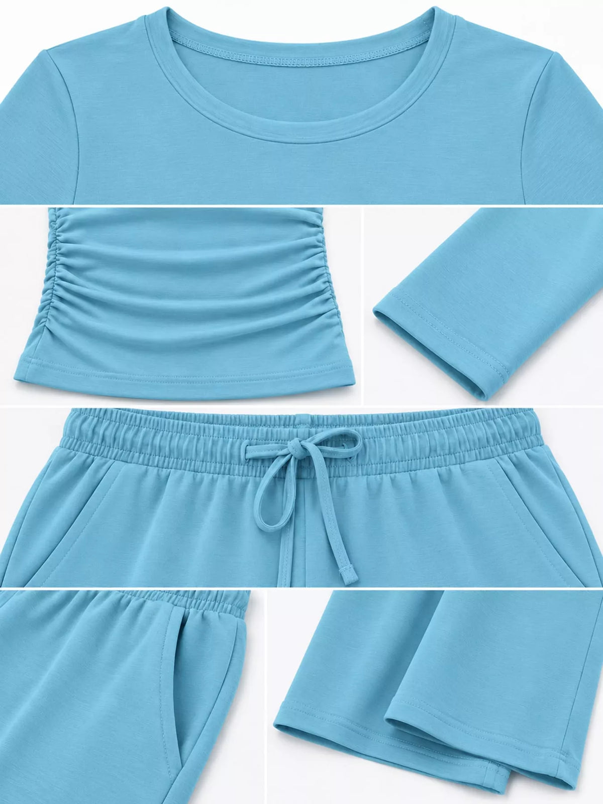 Long Sleeve Ruched Top and Wide-Leg Drawstring Pants Set — construction details