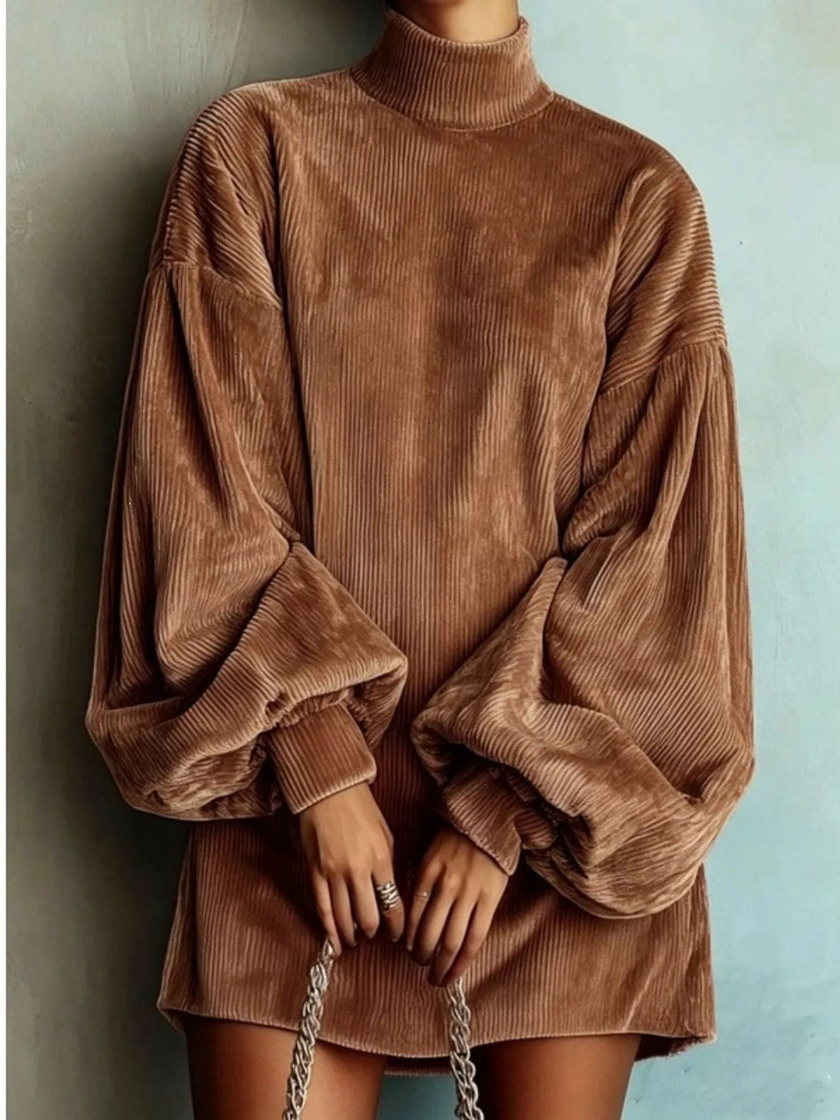 Brown corduroy mock neck lantern sleeve mini dress