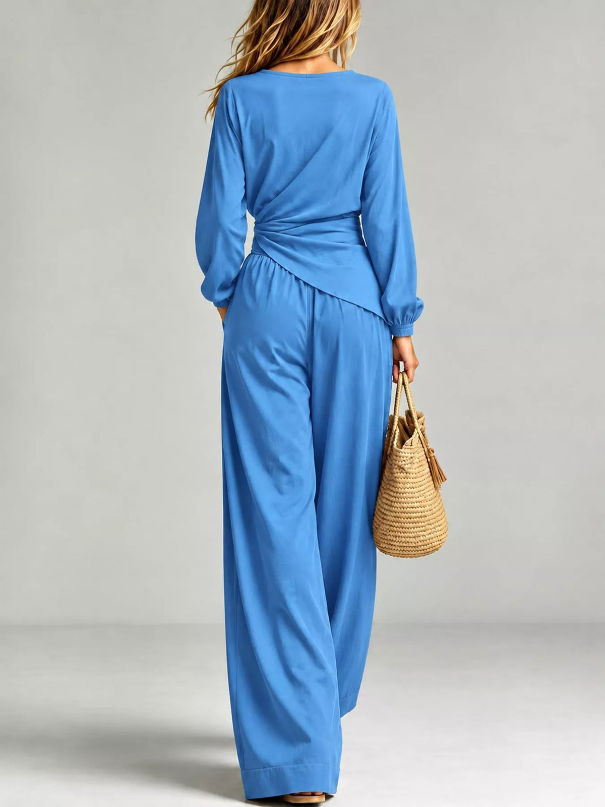 V-Neck Long Sleeve Top and Wide-Leg Pants Set — back view
