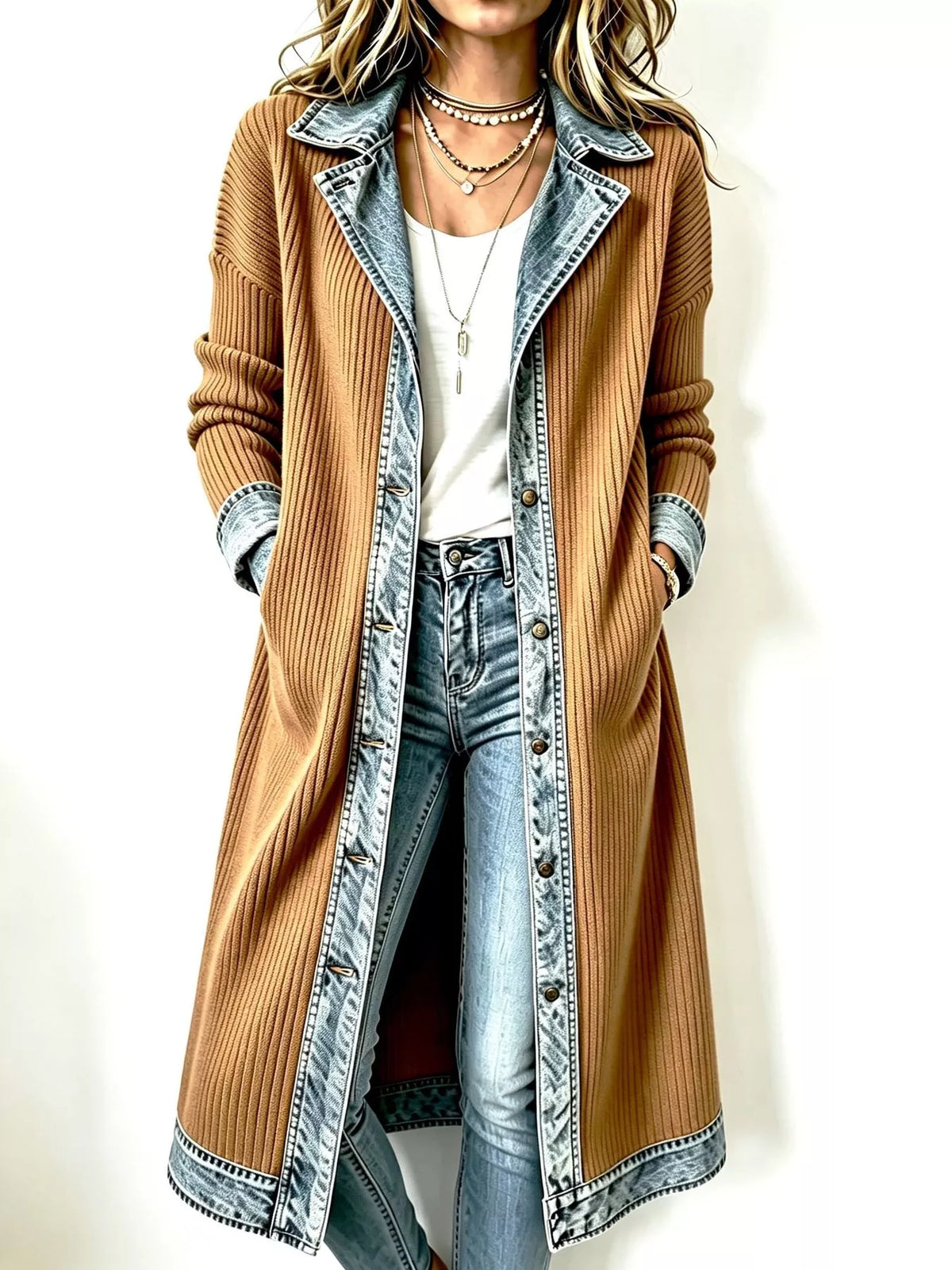 Dark Brown Real Denim denim-trimmed ribbed knit longline cardigan
