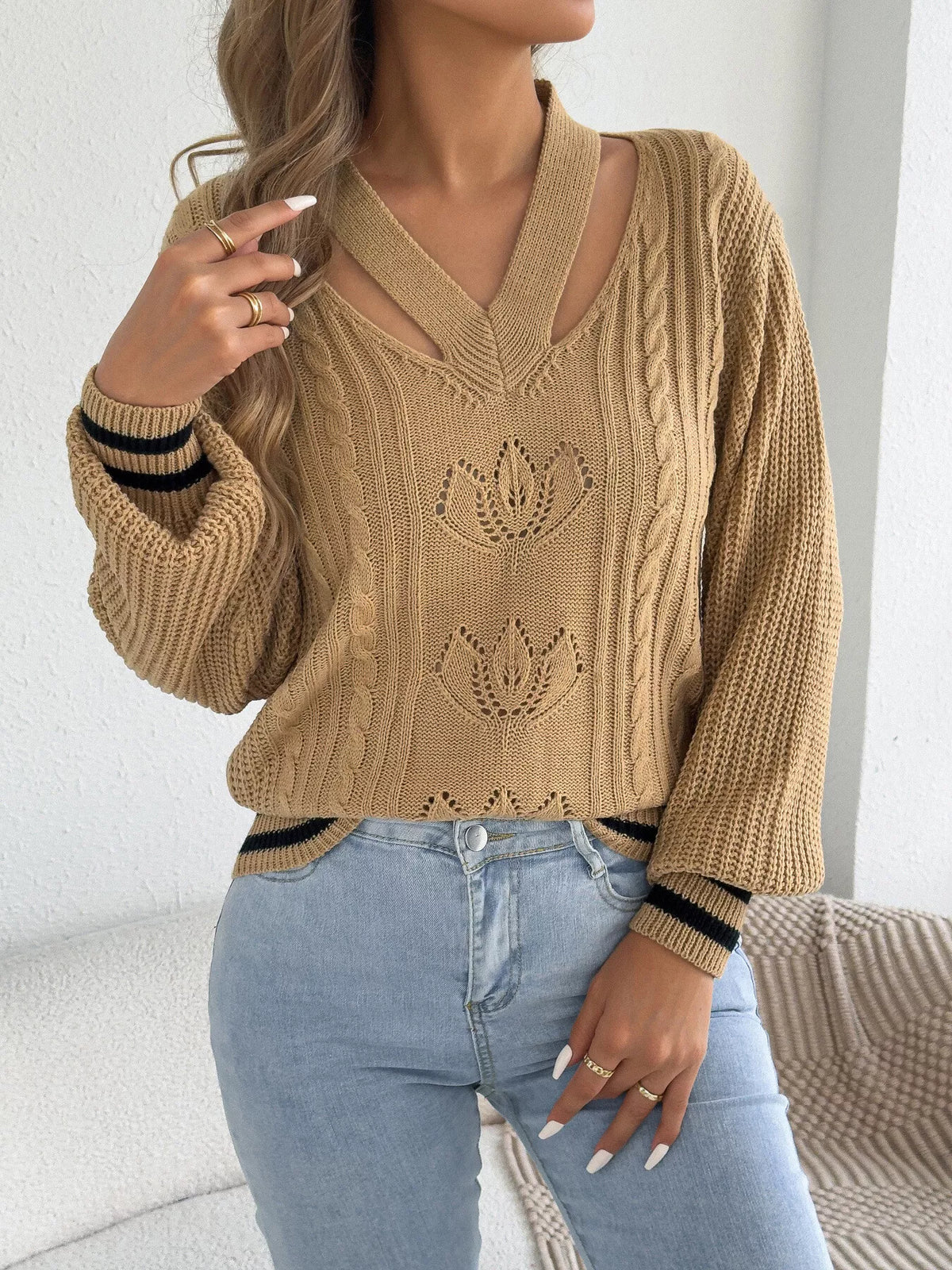 Cutout Cable Knit Sweater in camel, front view