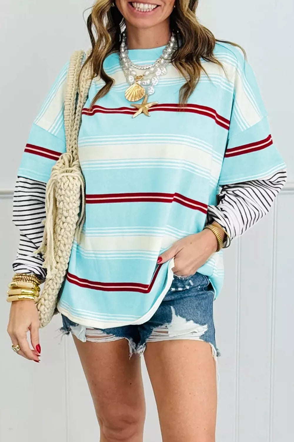 Striped Patchwork Long Sleeve Pullover Top in blue, front view