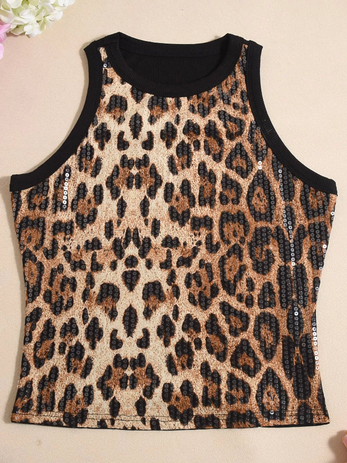 Brown leopard-print sequin round neck tank, back view