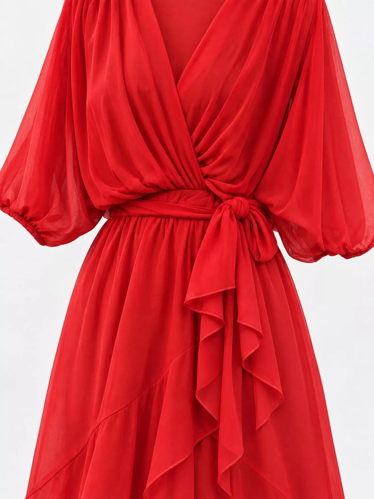 Red batwing sleeve wrap dress with waist tie, detail view