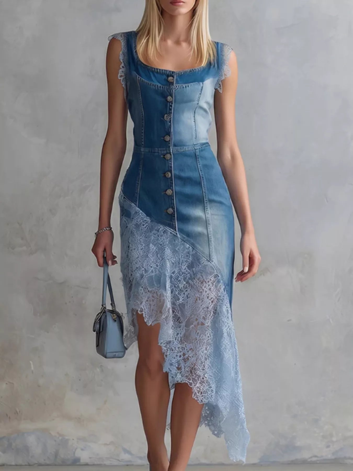 Trendsi Sleeveless Patchwork Denim Dress with Asymmetric Lace Hem -