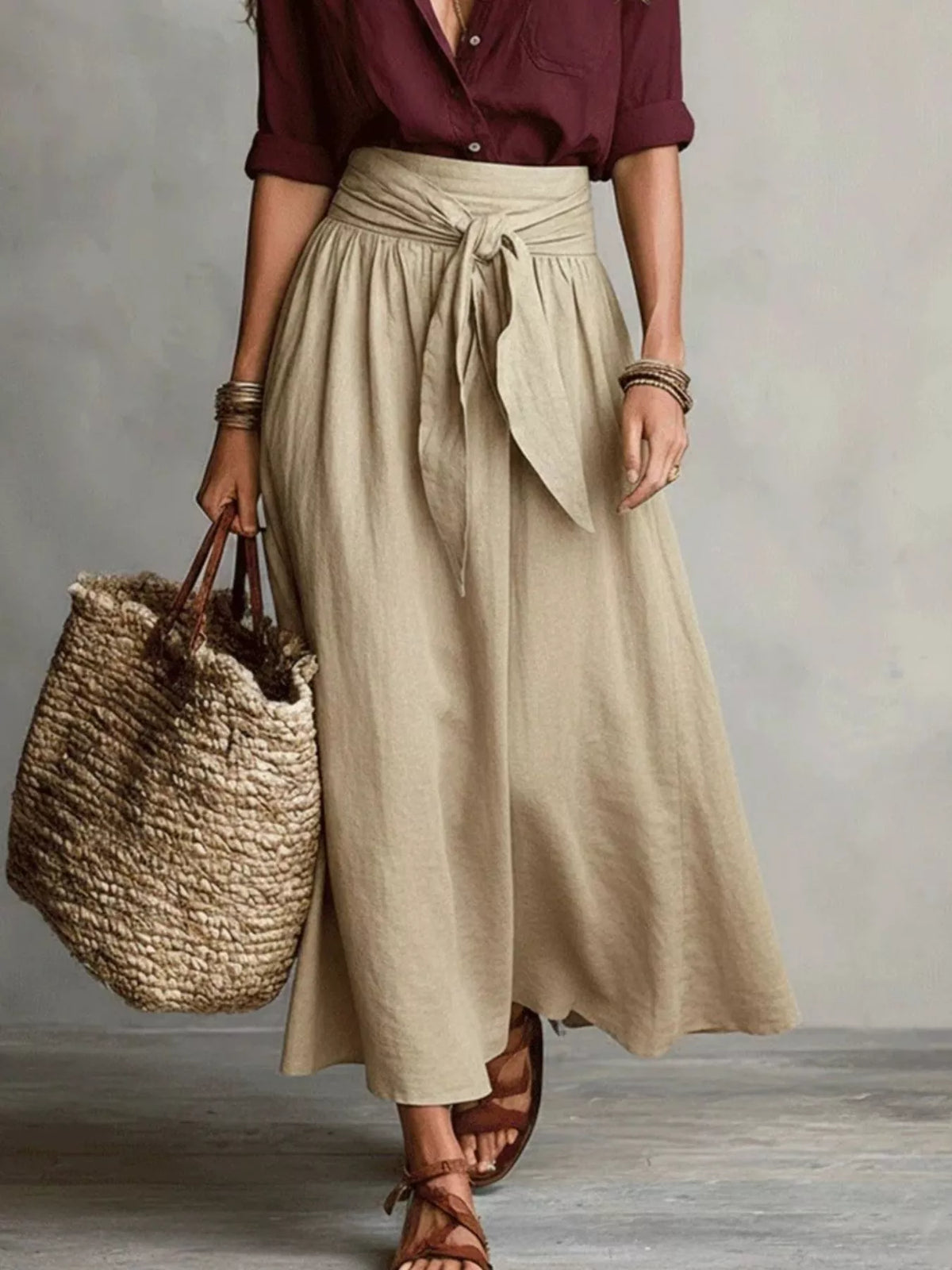 Burgundy and beige button-front shirt and skirt set, skirt and tie detail