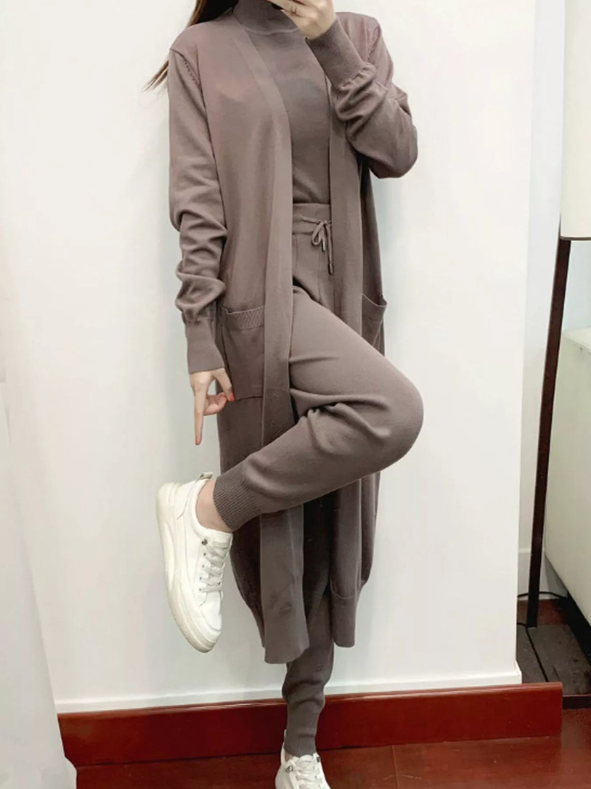Sleeveless Top and Drawstring Joggers Sweater Set with Long Cardigan — front view