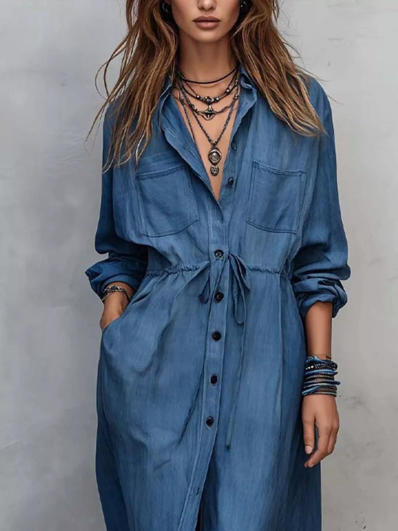 Trendsi Full Size Button Front Long Sleeve Shirt Dress Plus Size - Dresses