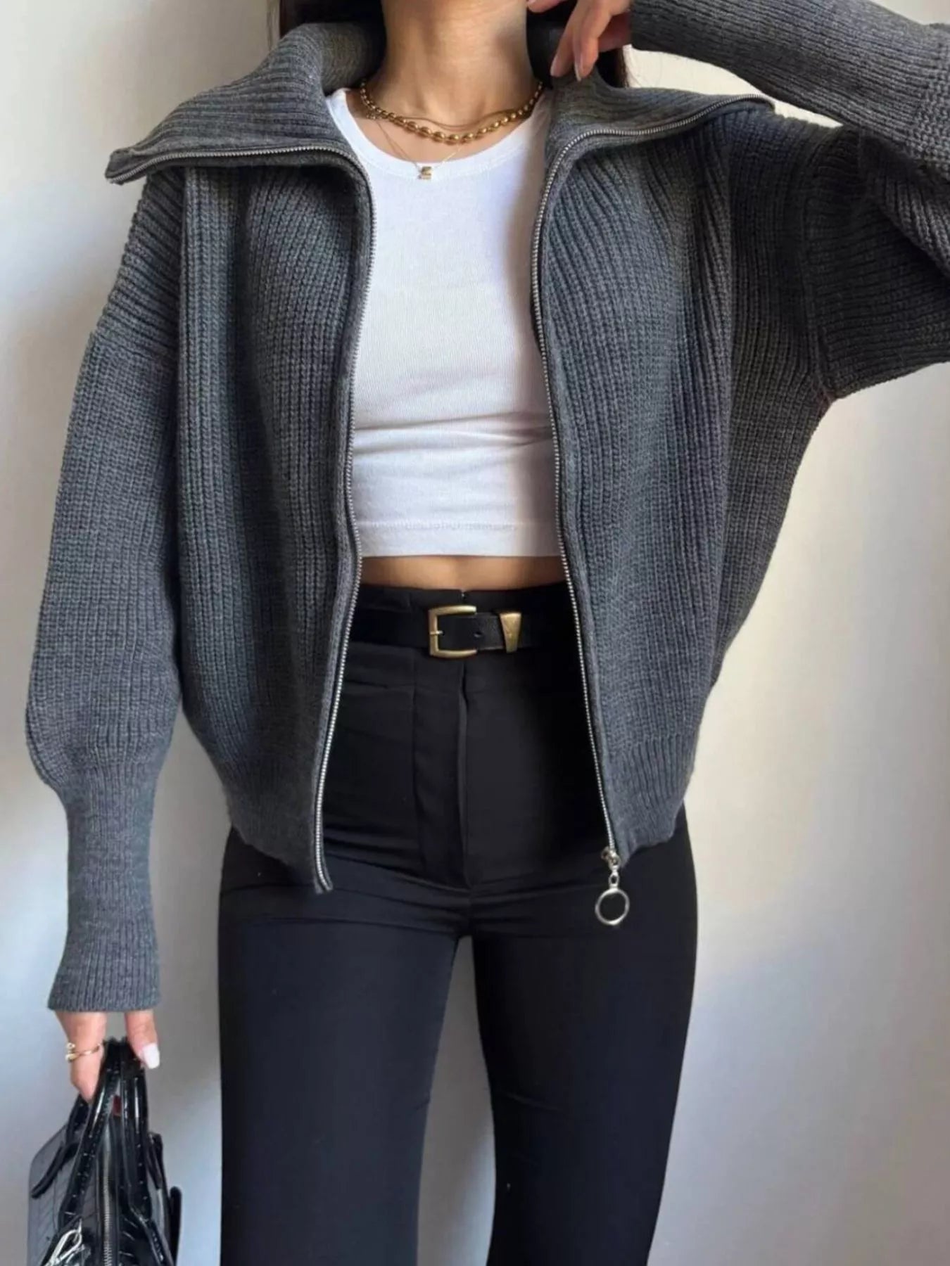 Trendsi Zip Up Dropped Shoulder Cardigan -