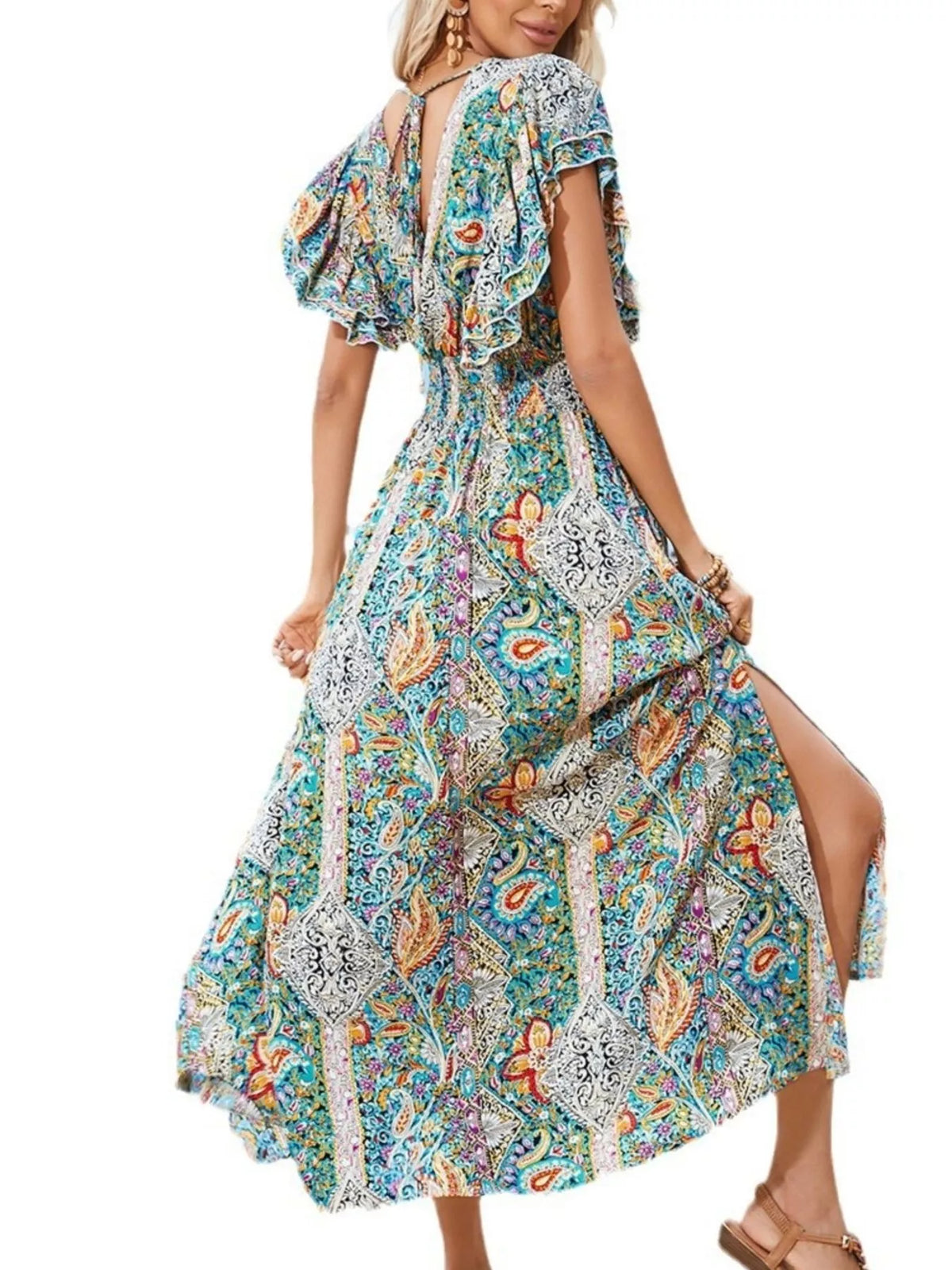 Paisley print flutter sleeve smocked maxi dress