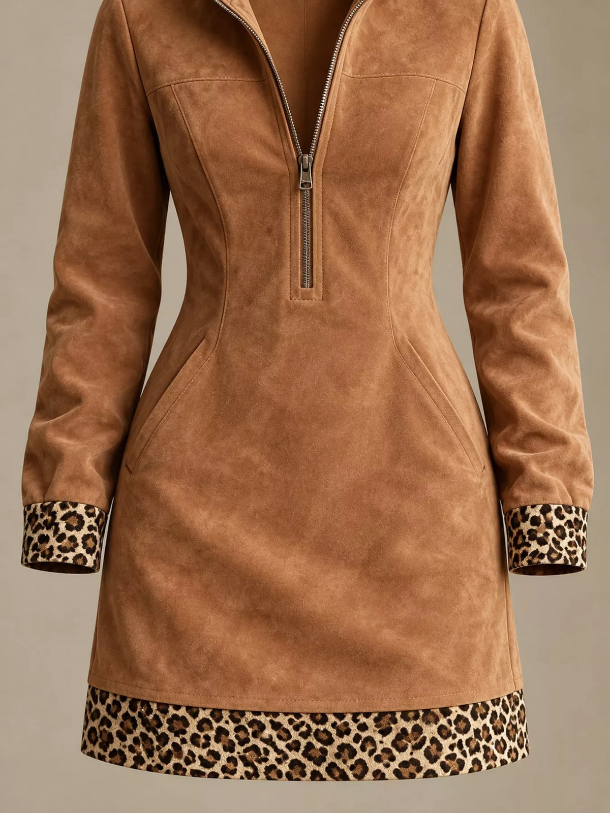 Leopard Trim Half-Zip Mini Dress — construction details