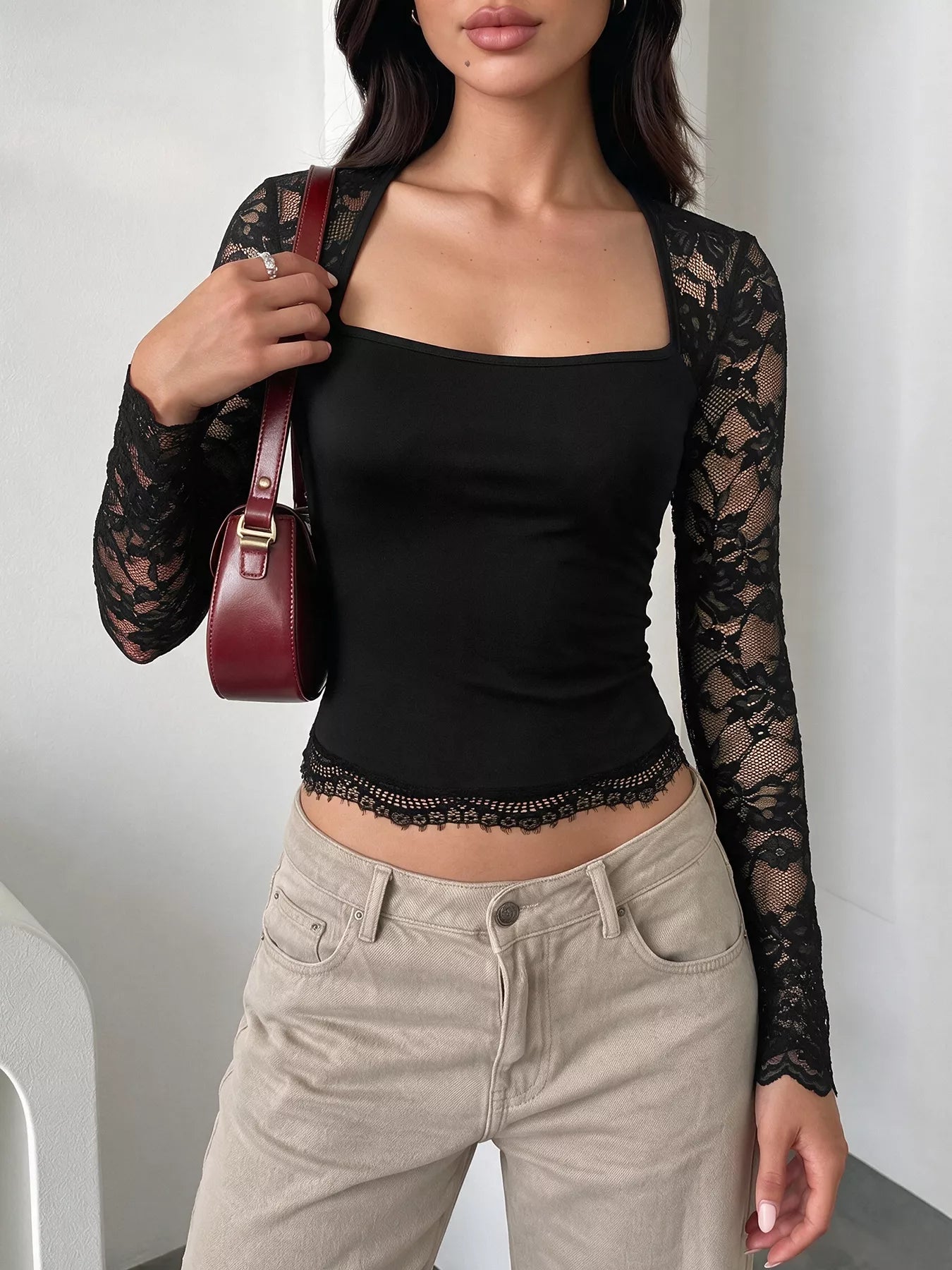 Trendsi Lace Sleeve Square Neck Top -