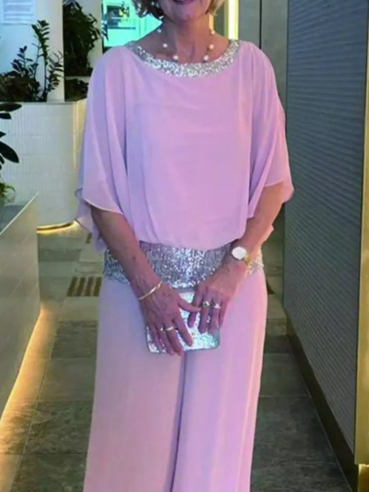 Chiffon Top and Wide-Leg Pants Set — front view