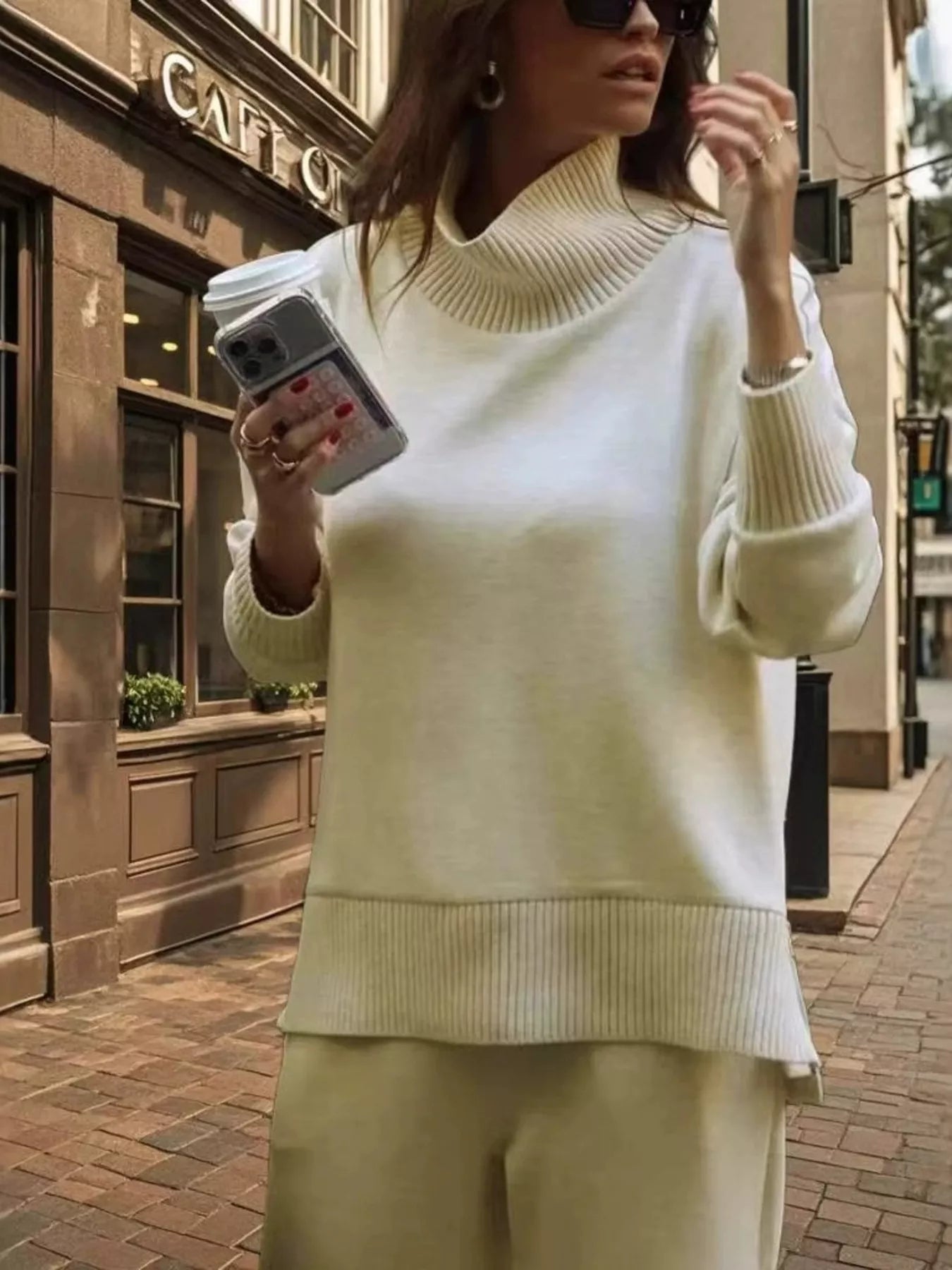Trendsi Turtleneck Dropped Shoulder Top and Pants Set -