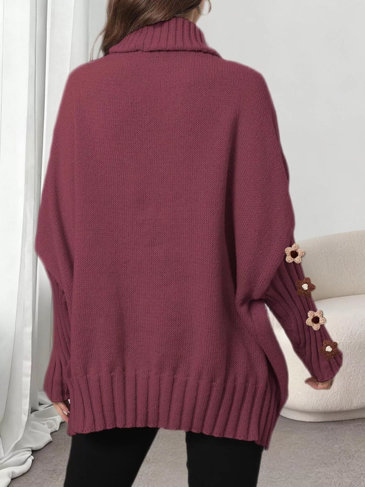 Burgundy oversized floral sleeve turtleneck sweater, back view