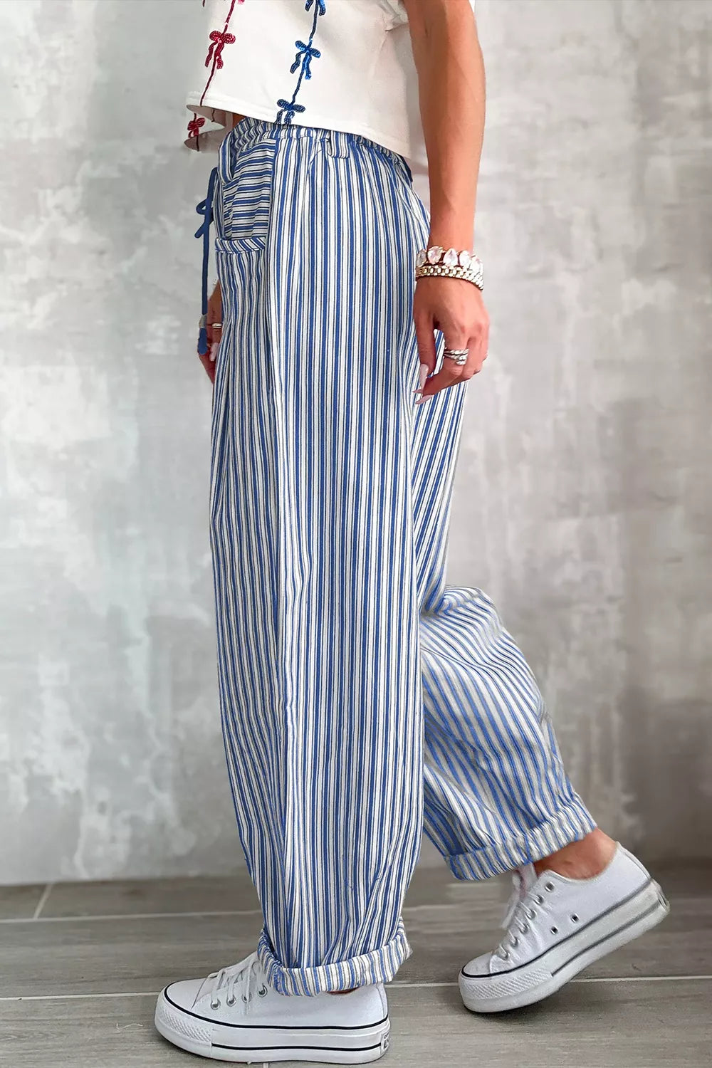 Trendsi Stripe Drawstring Casual Loose Pants -