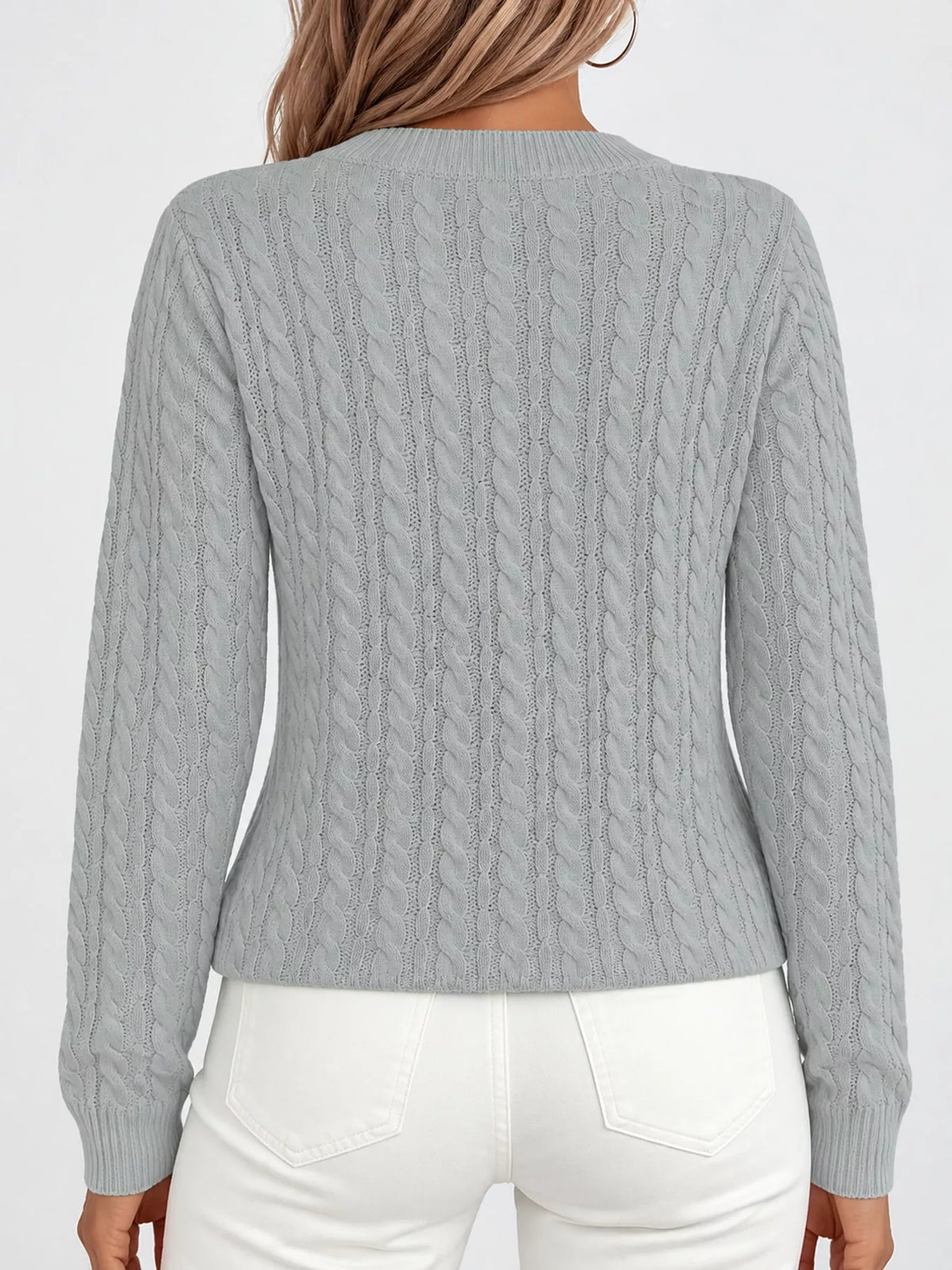 Silver Gray cable knit round neck sweater, back view