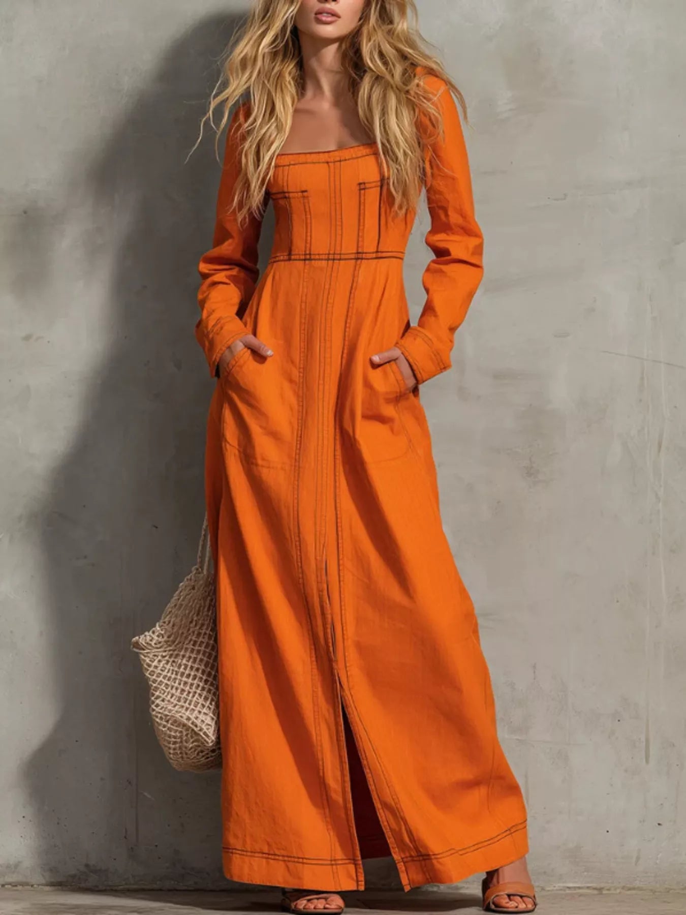 Trendsi Slit Square Neck Long-Sleeve Maxi Dress -