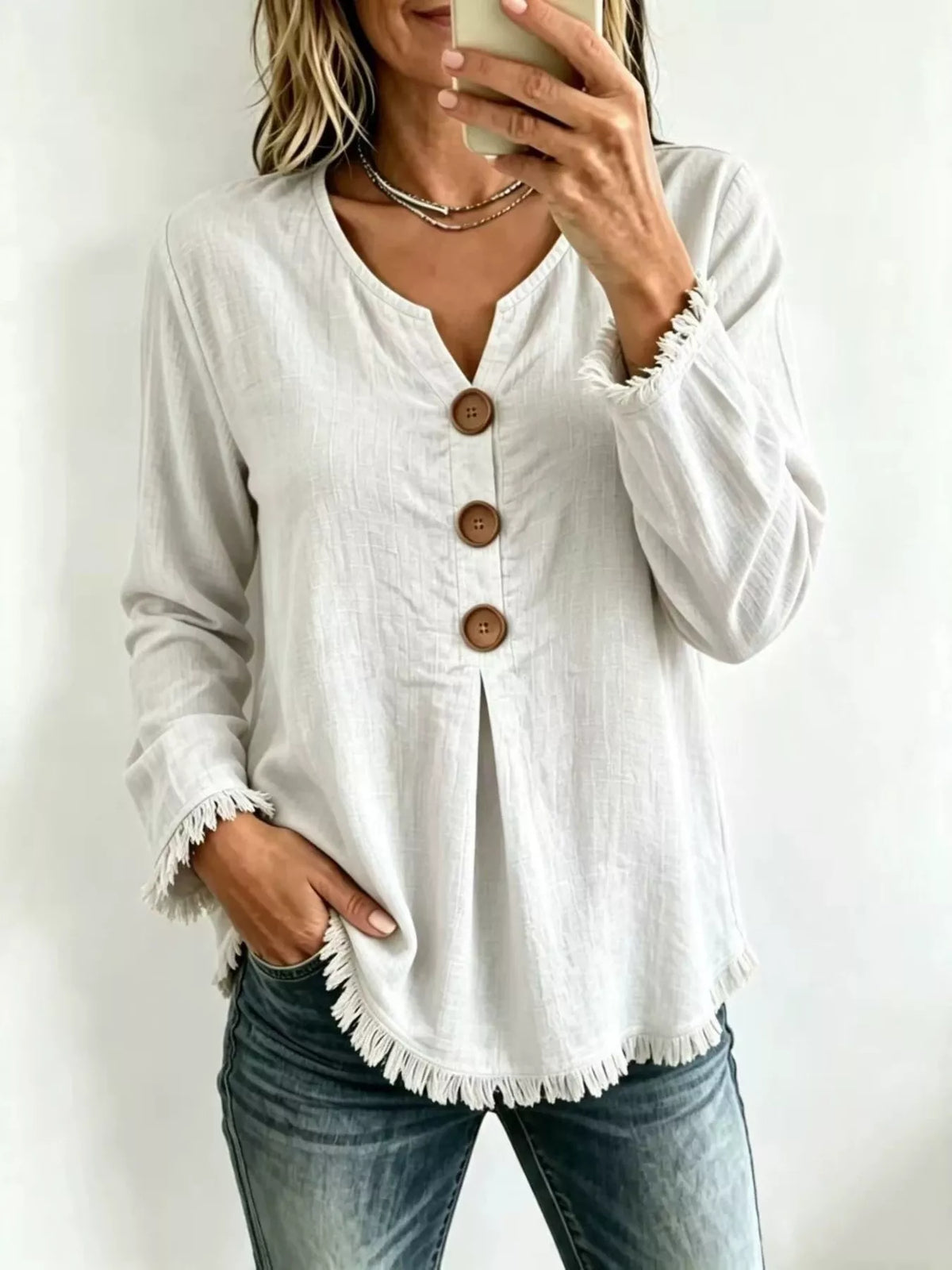 White Frayed-Hem Long Sleeve Button-Front Blouse front view