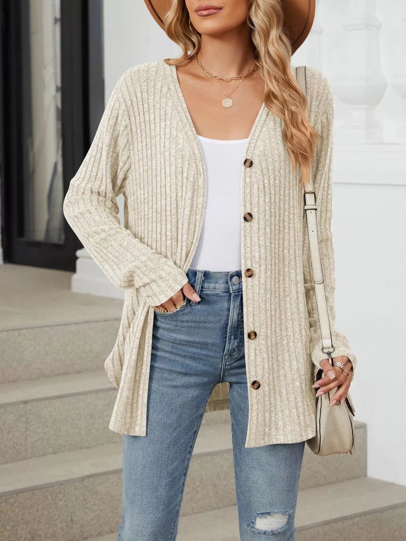 Trendsi Ribbed Button-Up Cardigan -