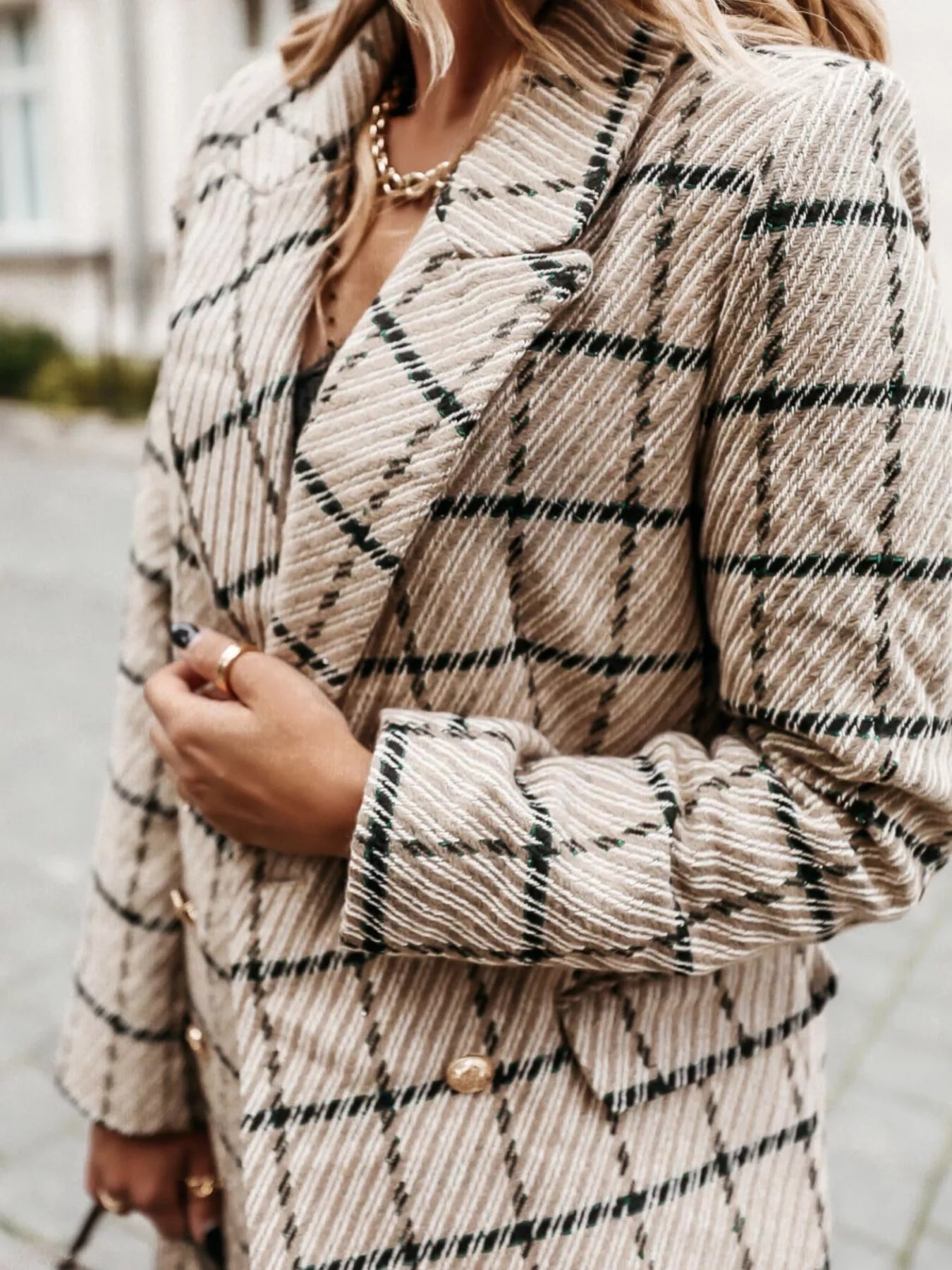 Trendsi Plaid Tweed Double-Breasted Coat -