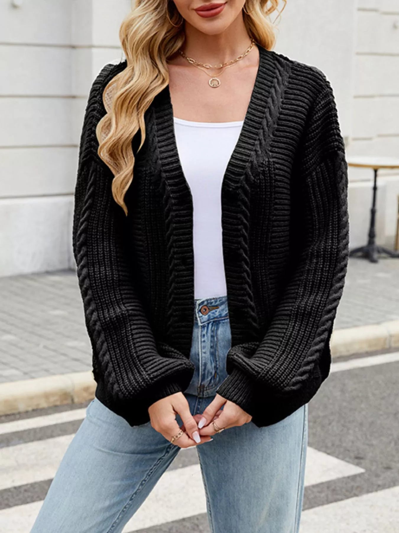 Trendsi Cable Knit Button-Up Cardigan -