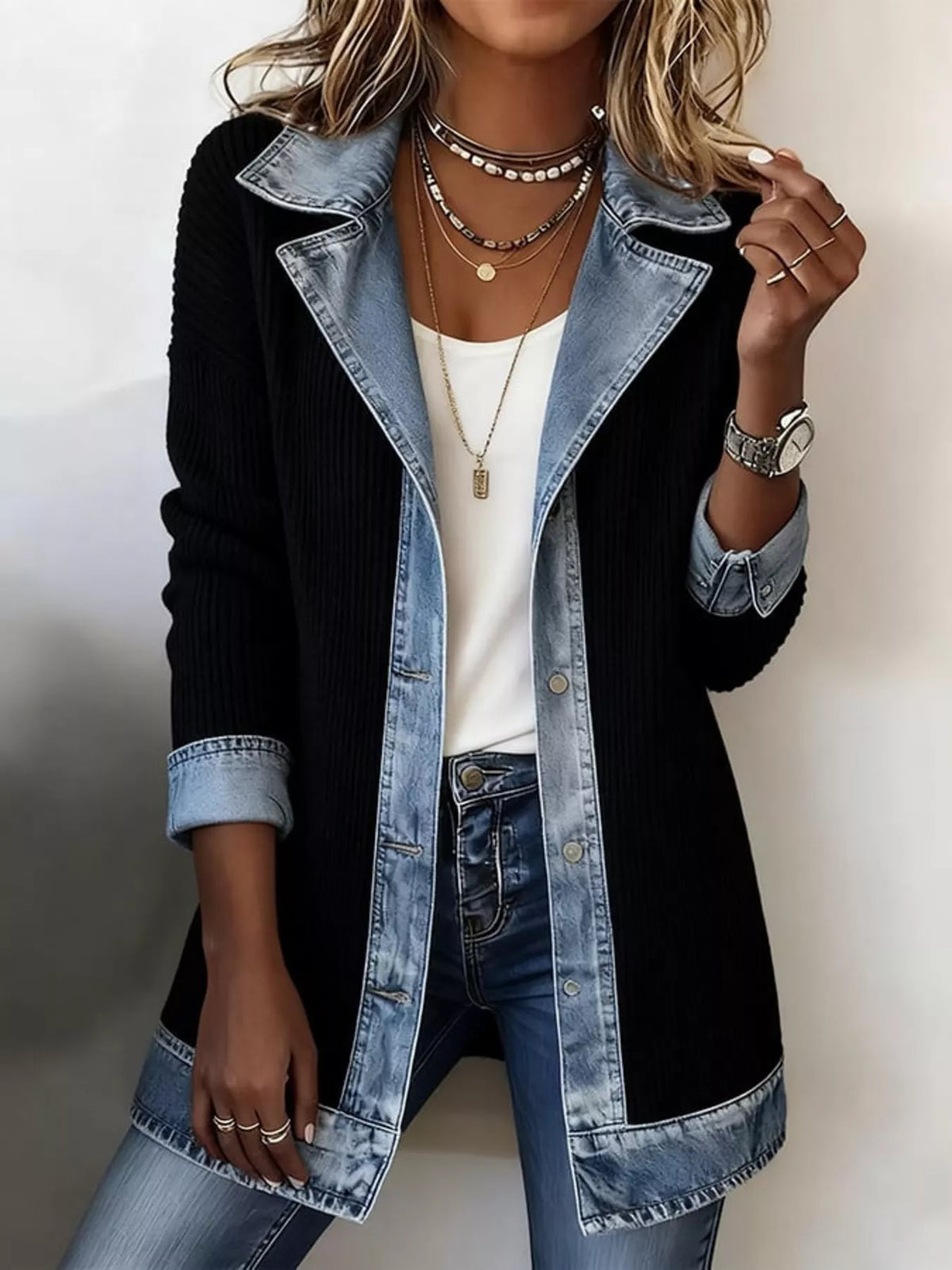 Trendsi Full Size Denim Trim Ribbed Knit Jacket Plus Size -