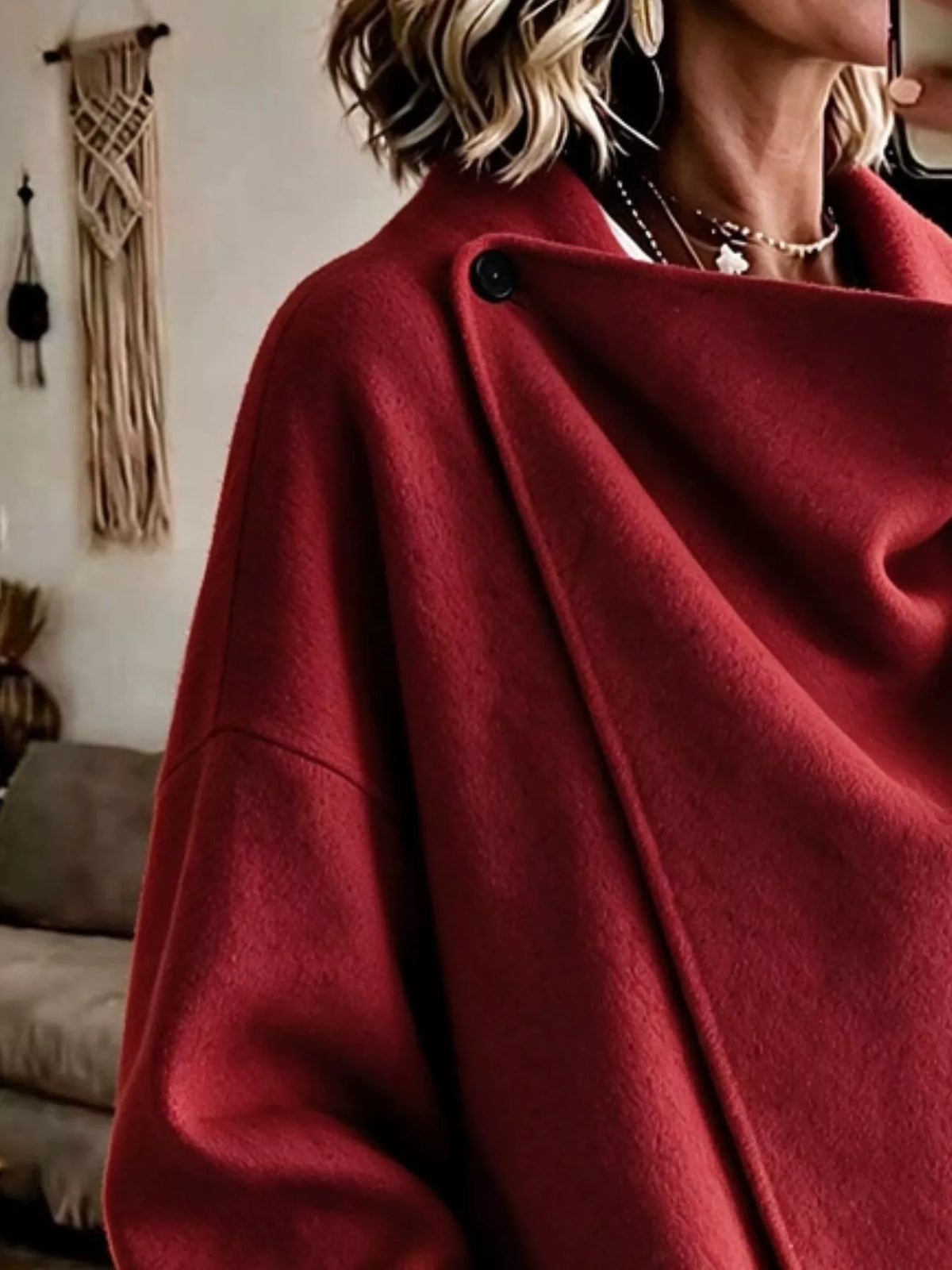Women's Asymmetric Collar Button Detail Jacket in red — neckline detail view